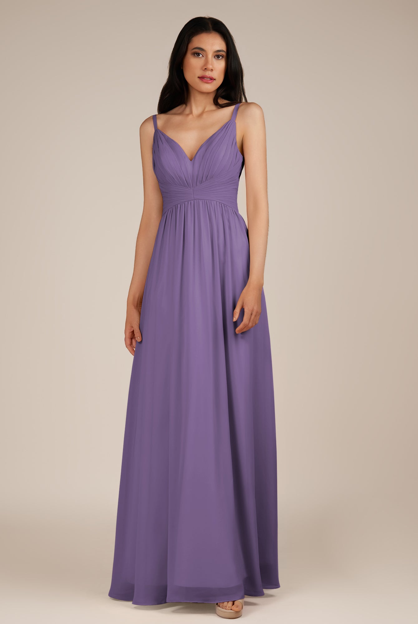 KissDress-Ophelia Tahiti A Line Chiffon V Neck Long Bridesmaid Dress with Pleats