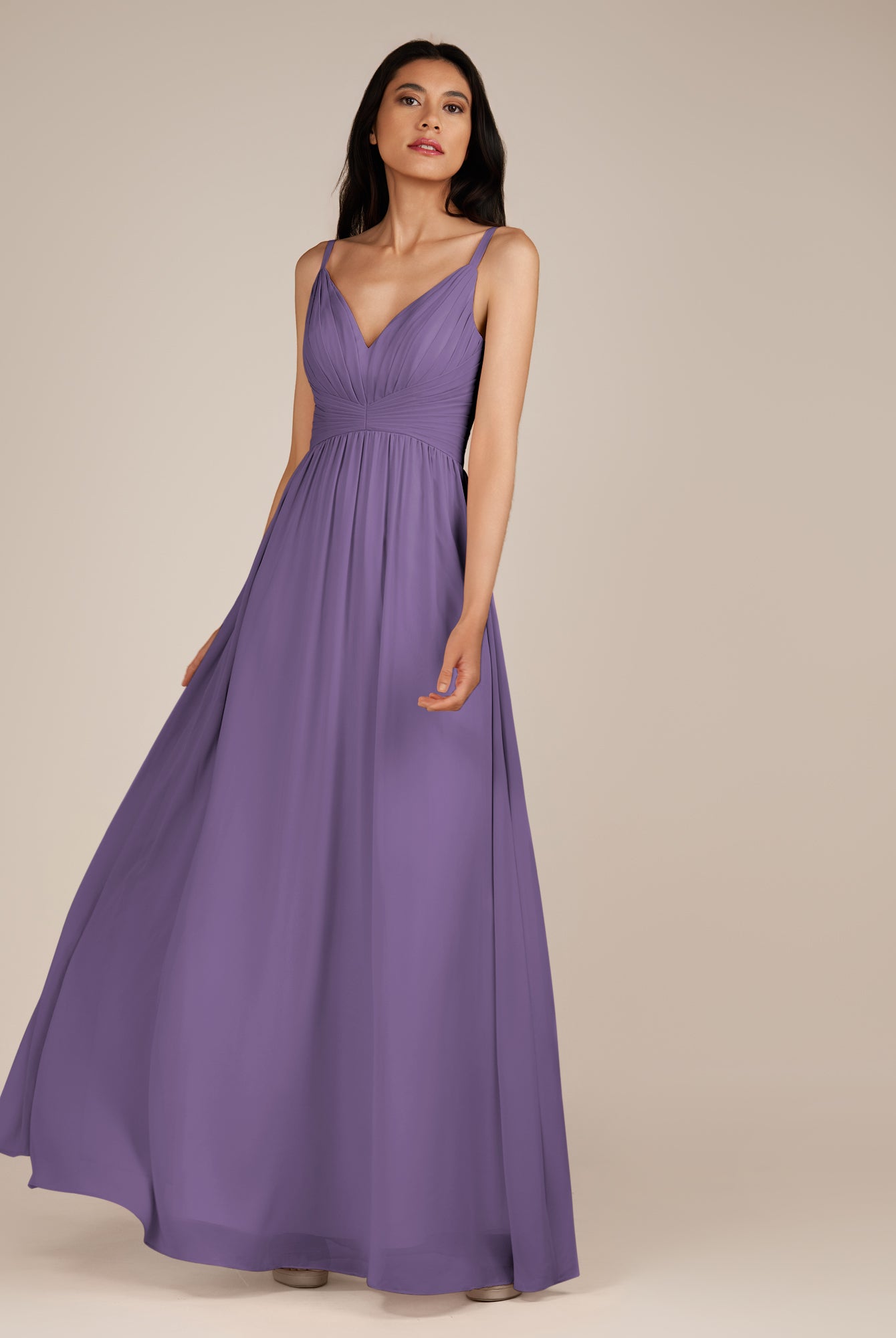 KissDress-Ophelia Tahiti A Line Chiffon V Neck Long Bridesmaid Dress with Pleats