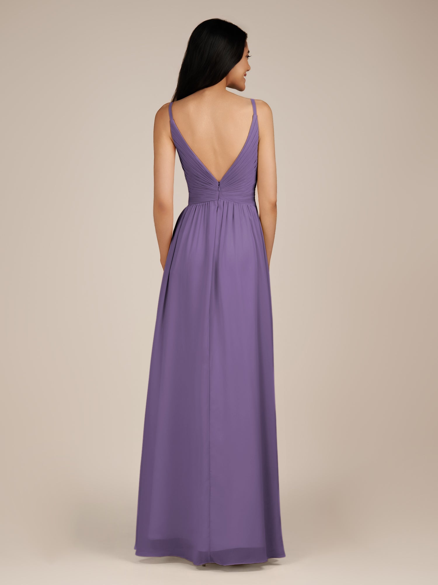 KissDress-Ophelia Tahiti A Line Chiffon V Neck Long Bridesmaid Dress with Pleats