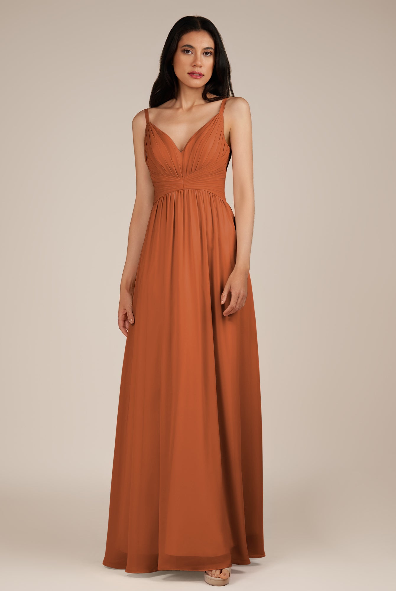 KissDress-Ophelia Terracotta A Line Chiffon V Neck Long Bridesmaid Dress with Pleats