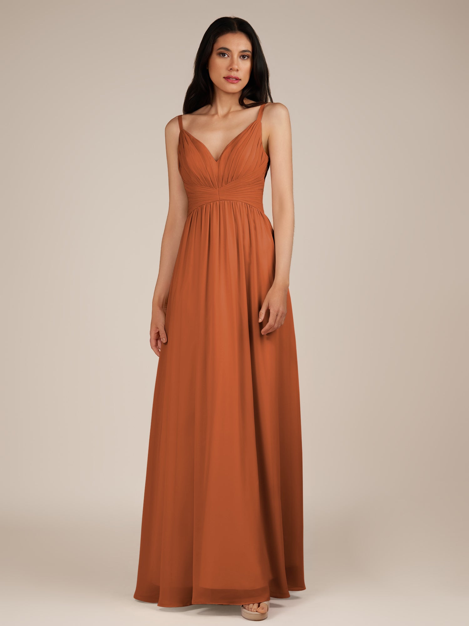 KissDress-Ophelia Terracotta A Line Chiffon V Neck Long Bridesmaid Dress with Pleats