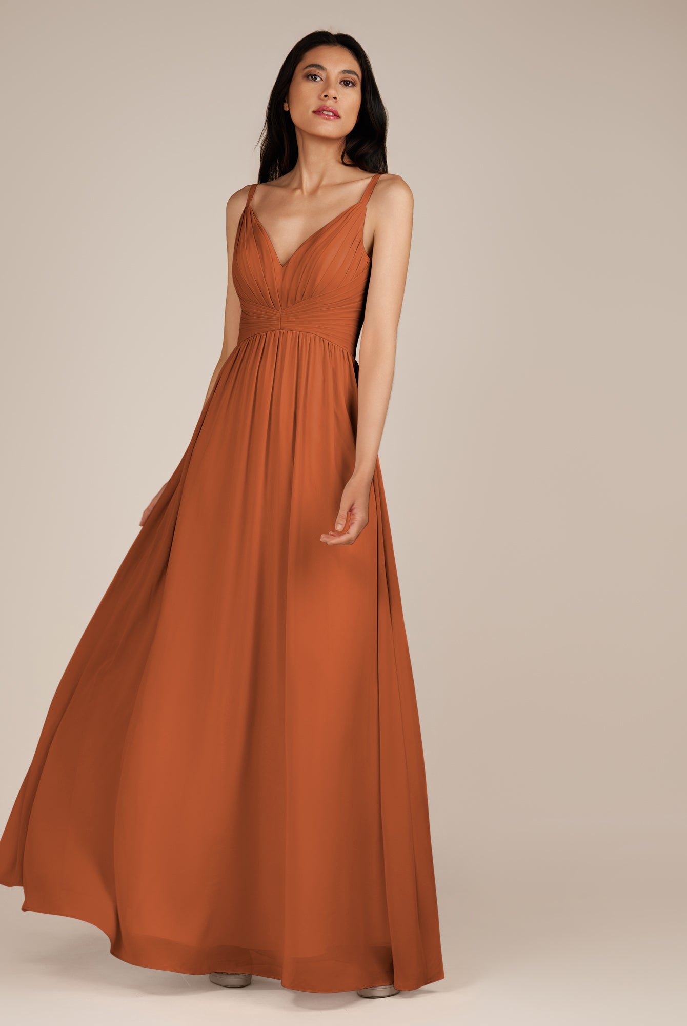 KissDress-Ophelia Terracotta A Line Chiffon V Neck Long Bridesmaid Dress with Pleats