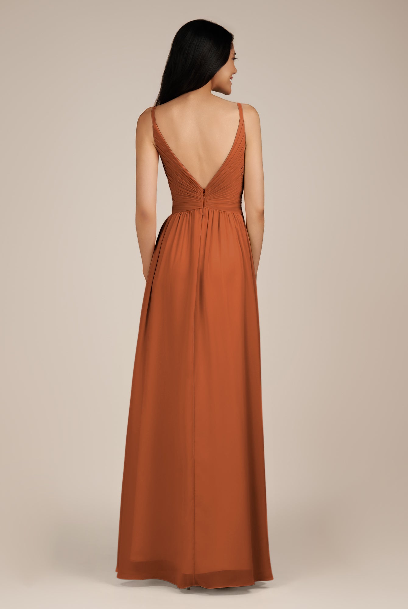 KissDress-Ophelia Terracotta A Line Chiffon V Neck Long Bridesmaid Dress with Pleats