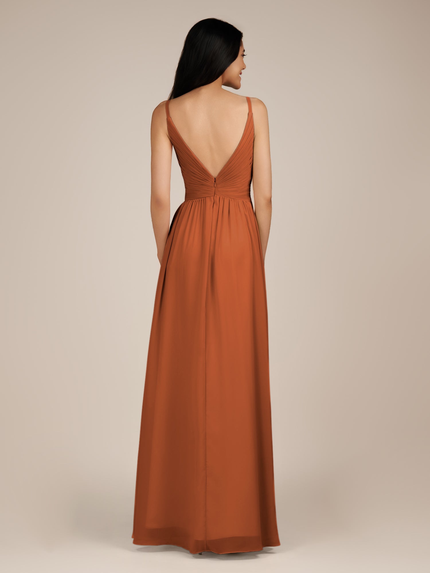 KissDress-Ophelia Terracotta A Line Chiffon V Neck Long Bridesmaid Dress with Pleats