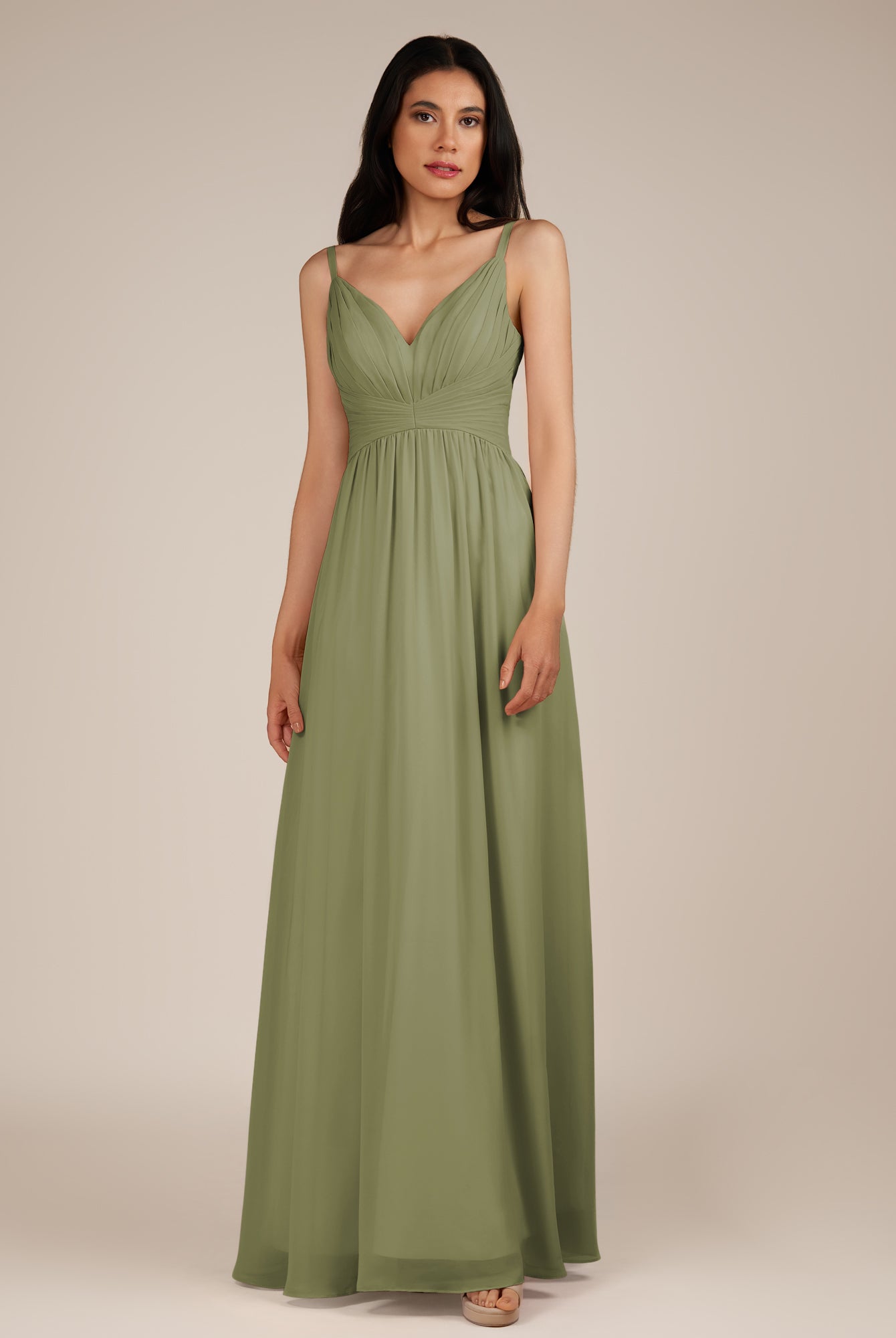 KissDress-Ophelia Thyme A Line Chiffon V Neck Long Bridesmaid Dress with Pleats