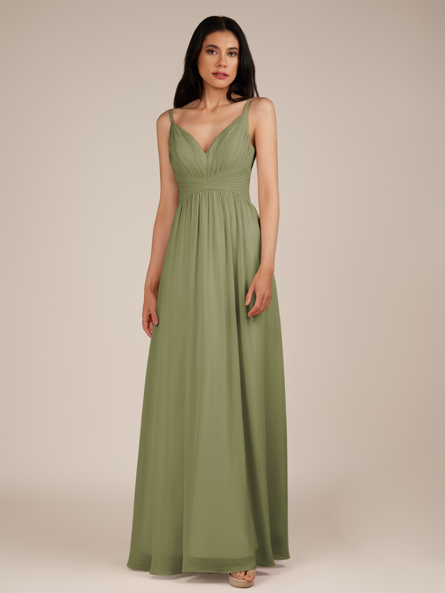 KissDress-Ophelia Thyme A Line Chiffon V Neck Long Bridesmaid Dress with Pleats