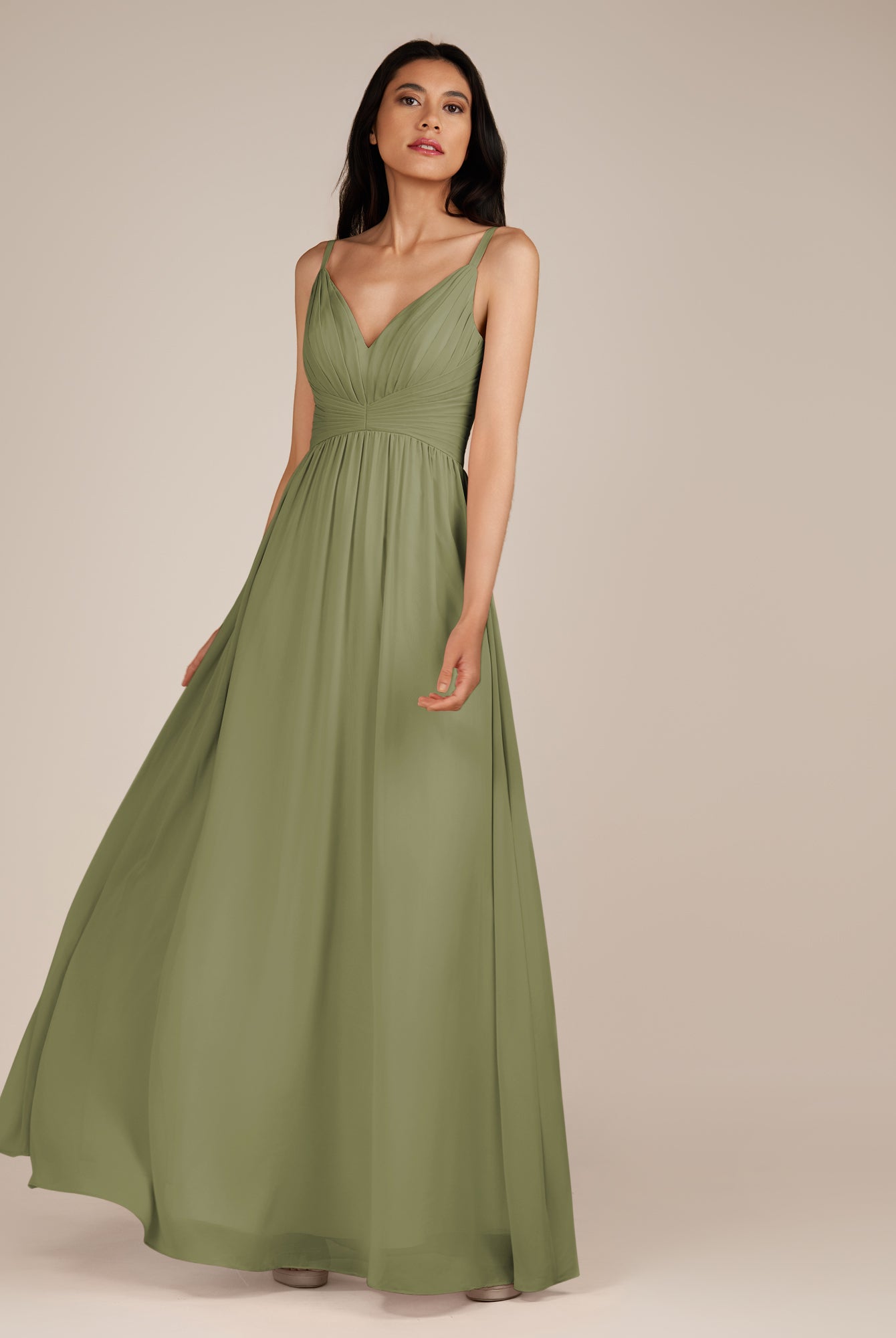 KissDress-Ophelia Thyme A Line Chiffon V Neck Long Bridesmaid Dress with Pleats
