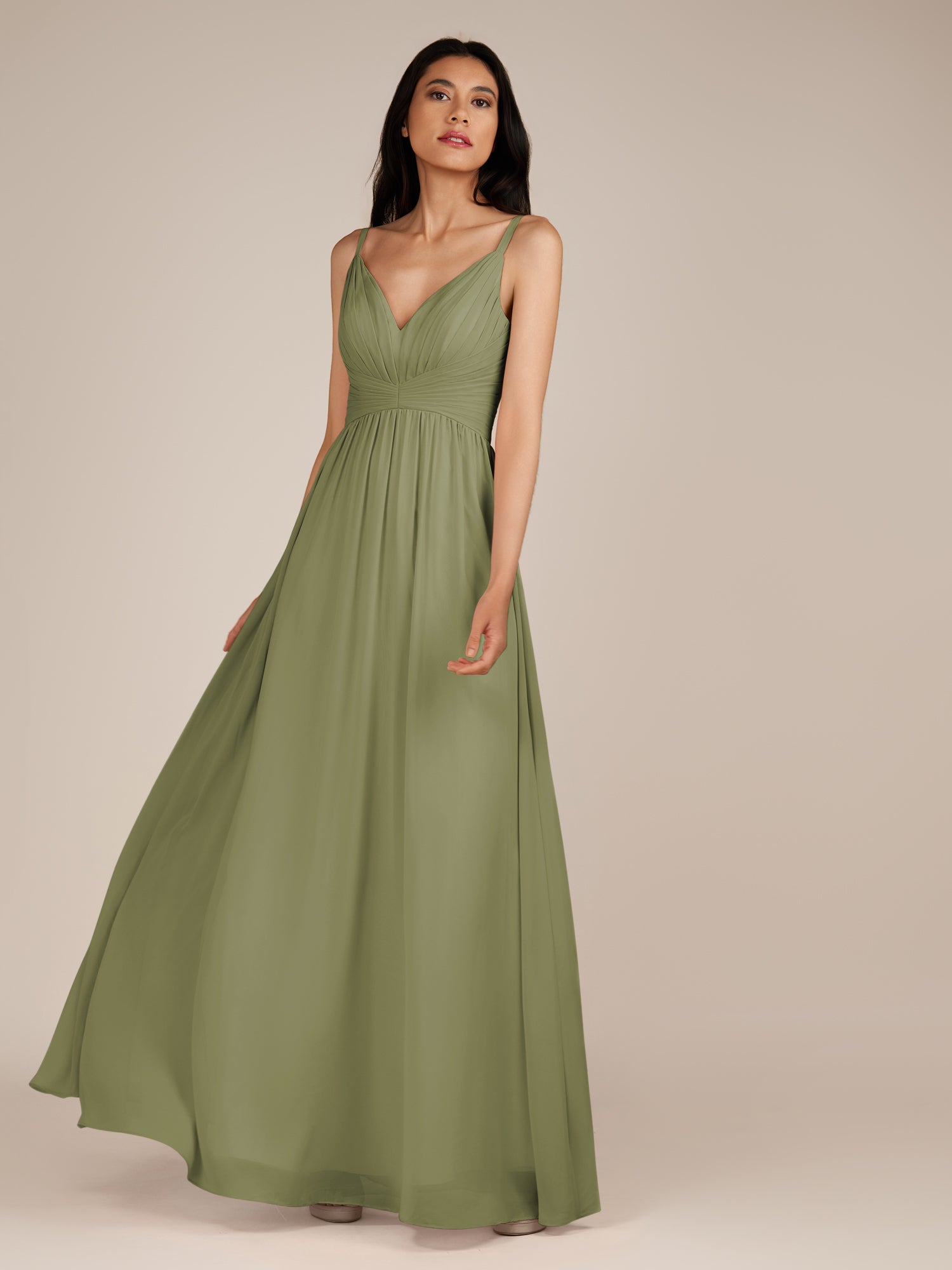 KissDress-Ophelia Thyme A Line Chiffon V Neck Long Bridesmaid Dress with Pleats