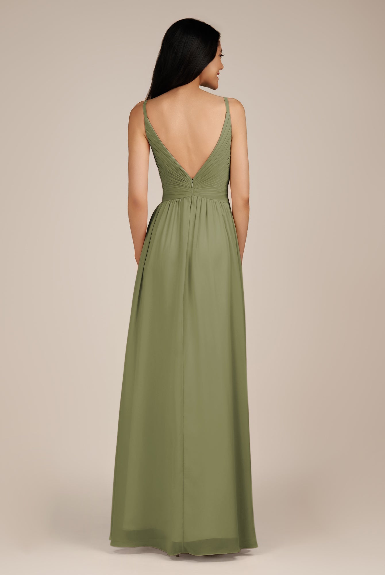 KissDress-Ophelia Thyme A Line Chiffon V Neck Long Bridesmaid Dress with Pleats