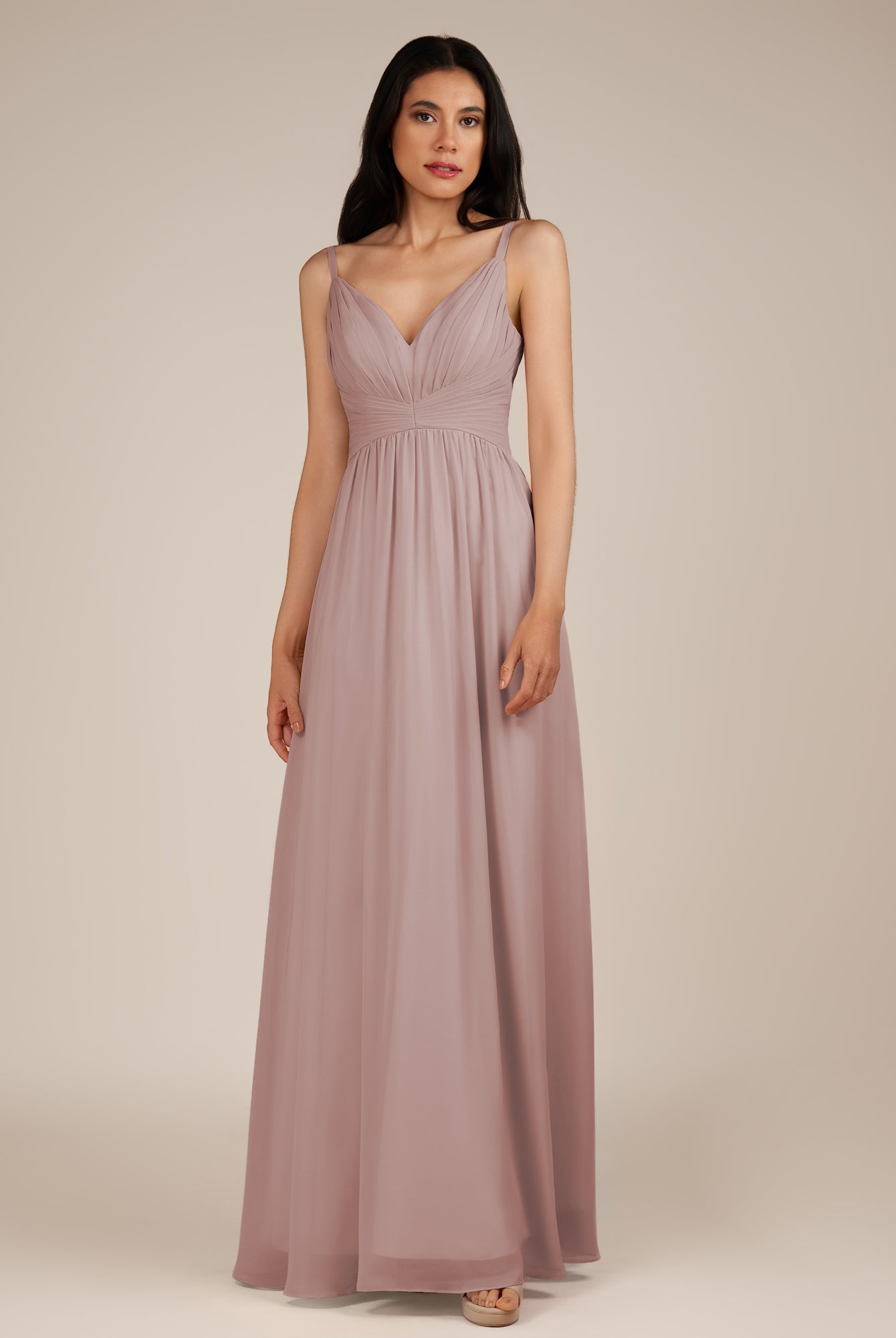 KissDress-Ophelia Toffee A Line Chiffon V Neck Long Bridesmaid Dress with Pleats