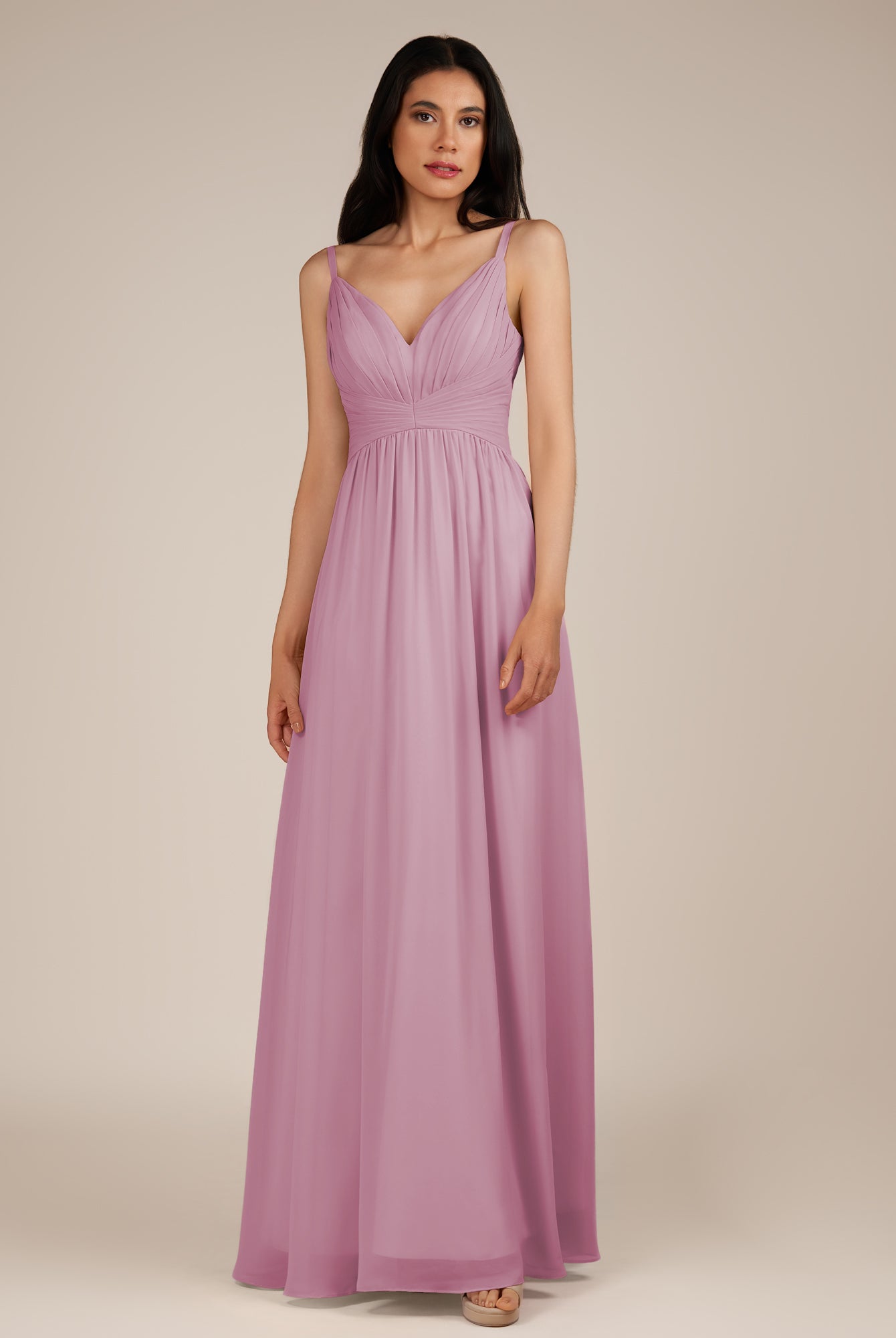 KissDress-Ophelia Vintage Mauve A Line Chiffon V Neck Long Bridesmaid Dress with Pleats