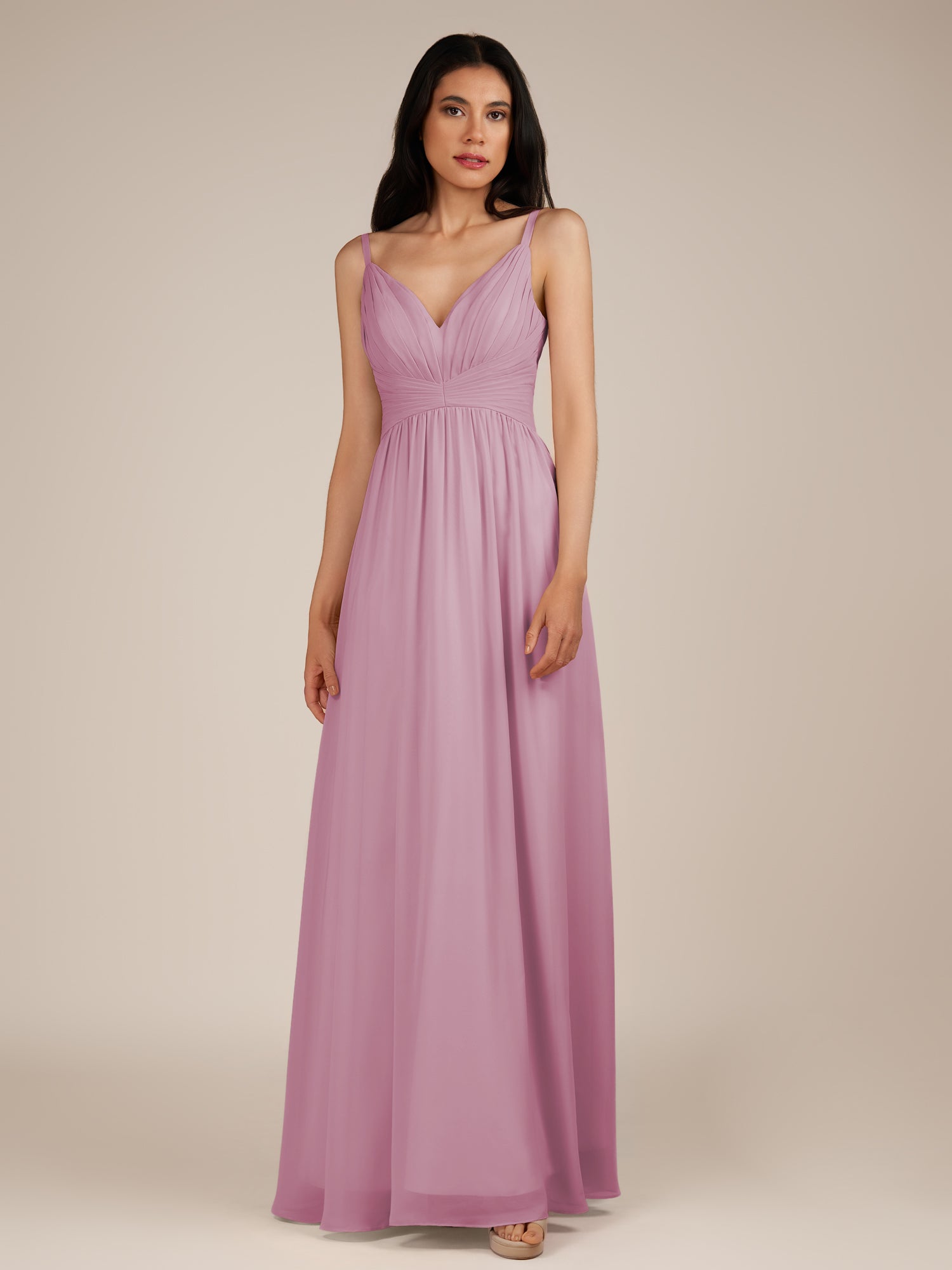 KissDress-Ophelia Vintage Mauve A Line Chiffon V Neck Long Bridesmaid Dress with Pleats