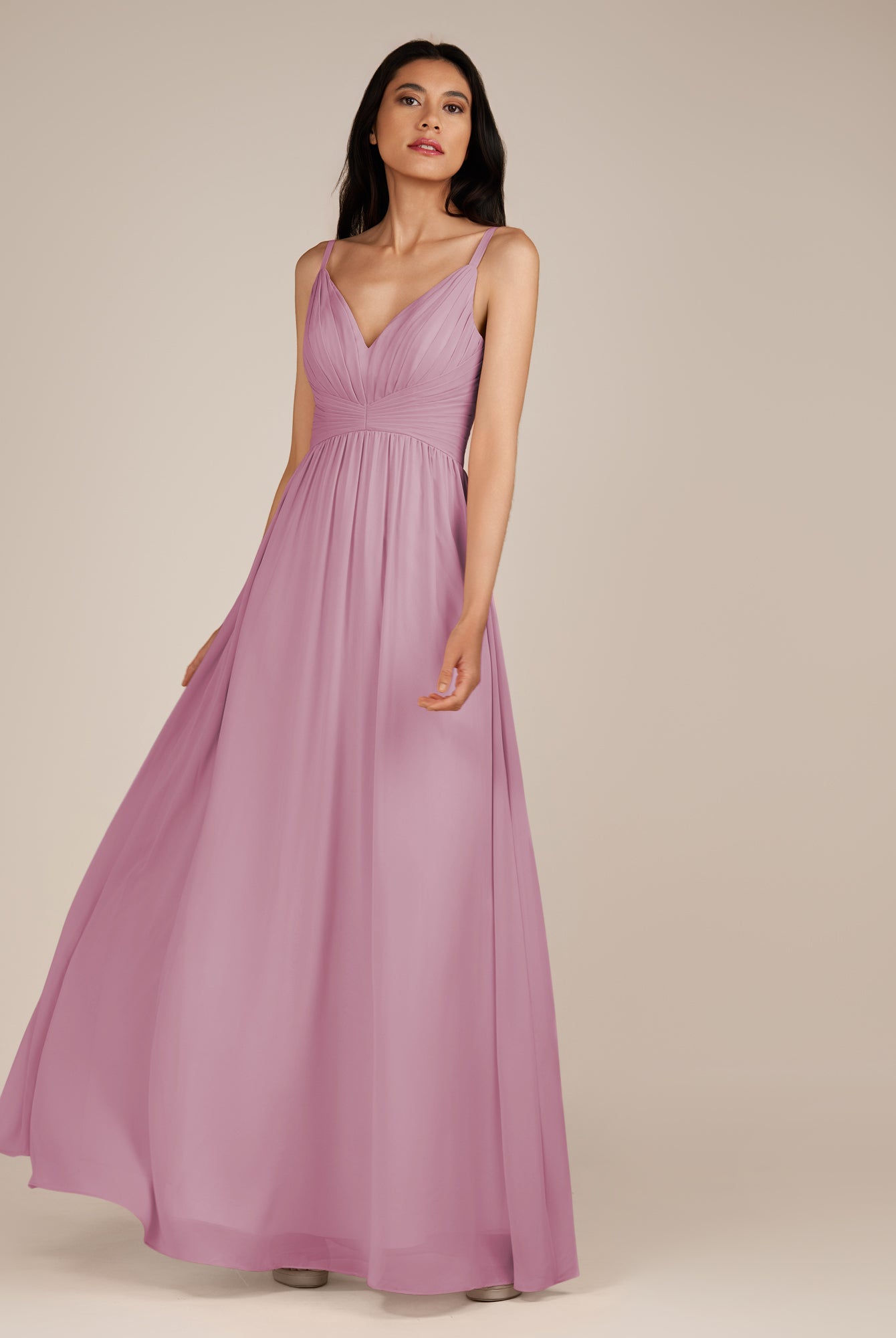 KissDress-Ophelia Vintage Mauve A Line Chiffon V Neck Long Bridesmaid Dress with Pleats