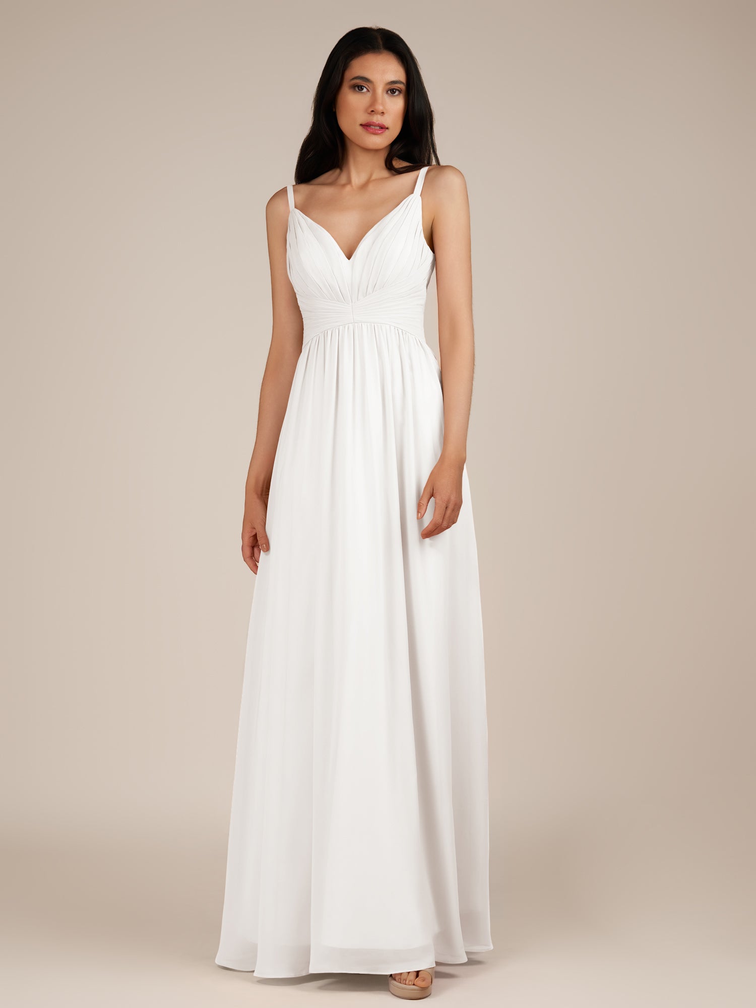 KissDress-Ophelia White A Line Chiffon V Neck Long Bridesmaid Dress with Pleats