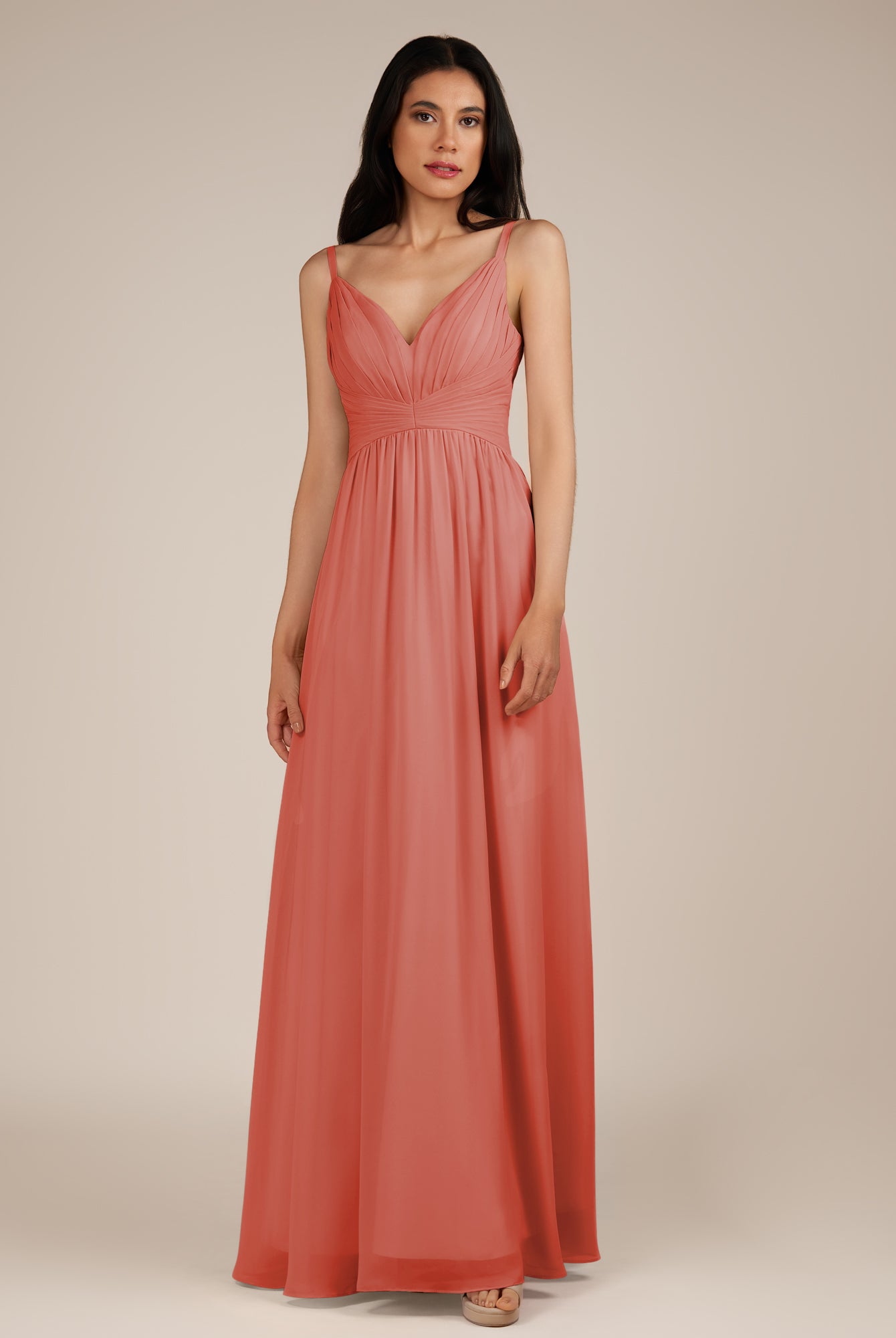 KissDress-Ophelia Wild Rose A Line Chiffon V Neck Long Bridesmaid Dress with Pleats
