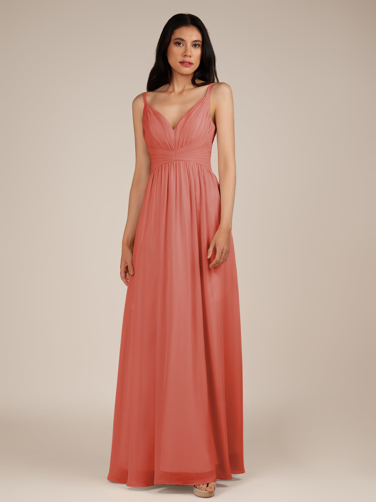 KissDress-Ophelia Wild Rose A Line Chiffon V Neck Long Bridesmaid Dress with Pleats