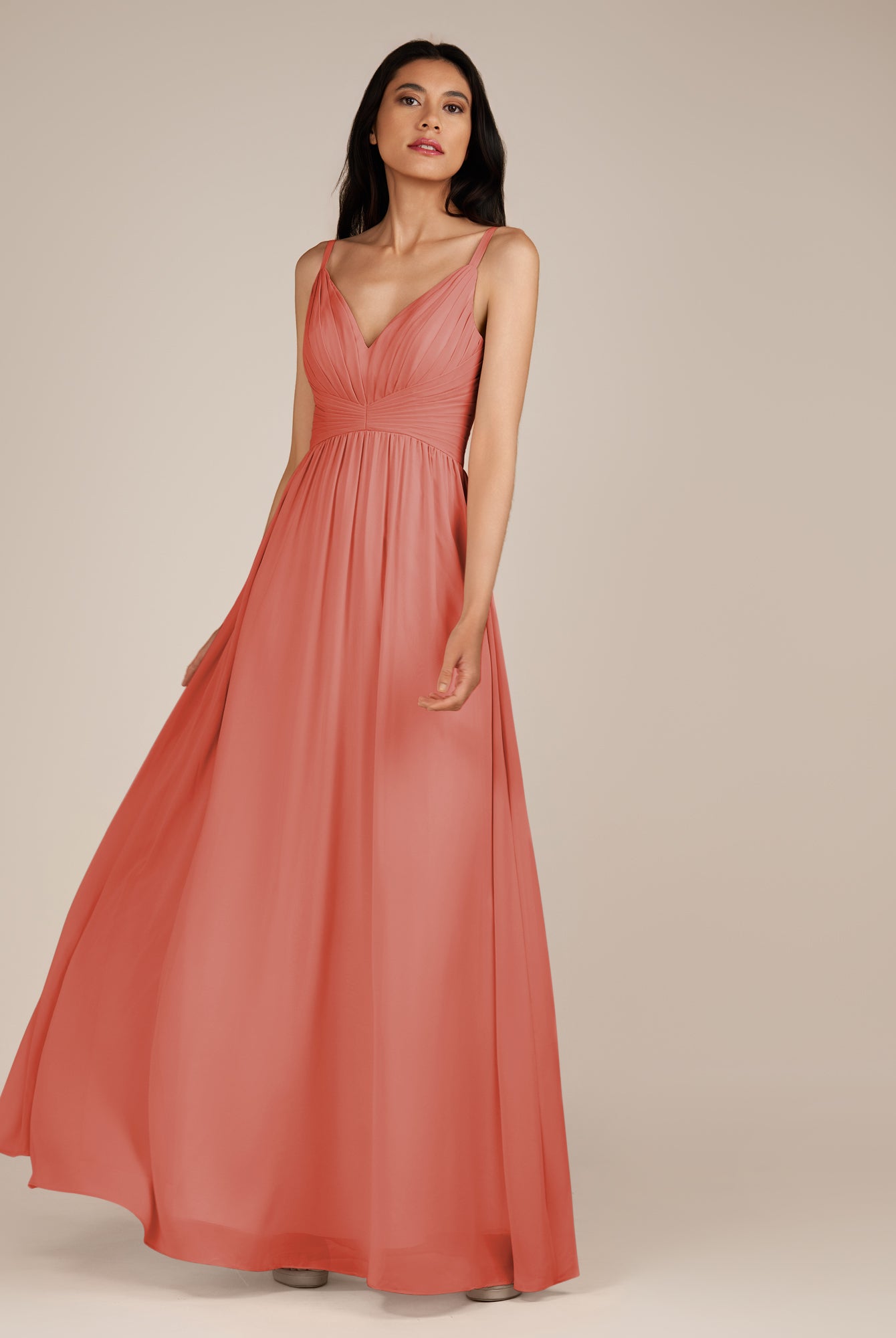 KissDress-Ophelia Wild Rose A Line Chiffon V Neck Long Bridesmaid Dress with Pleats