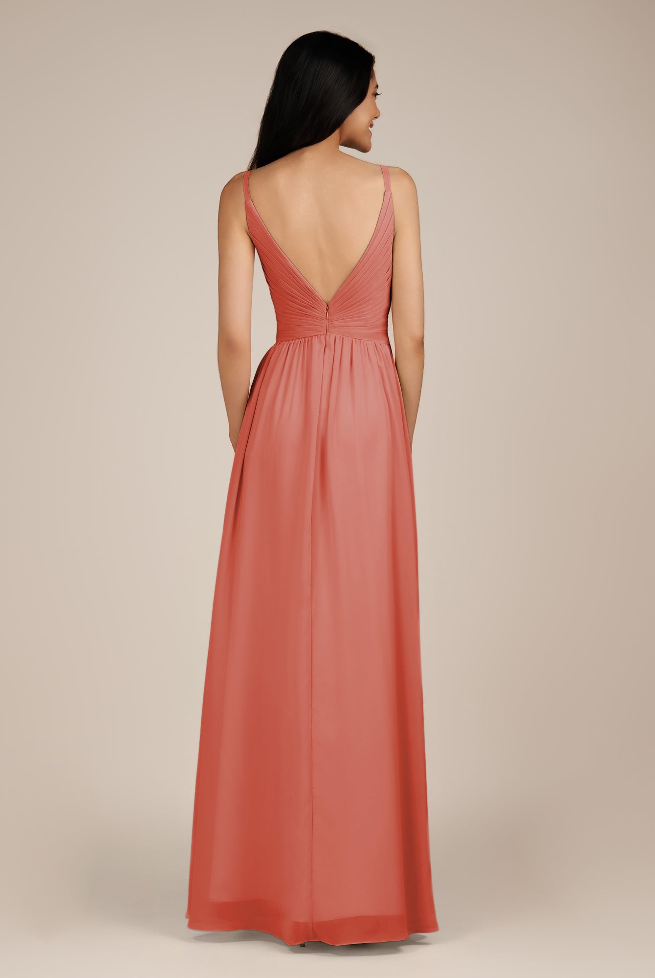 KissDress-Ophelia Wild Rose A Line Chiffon V Neck Long Bridesmaid Dress with Pleats