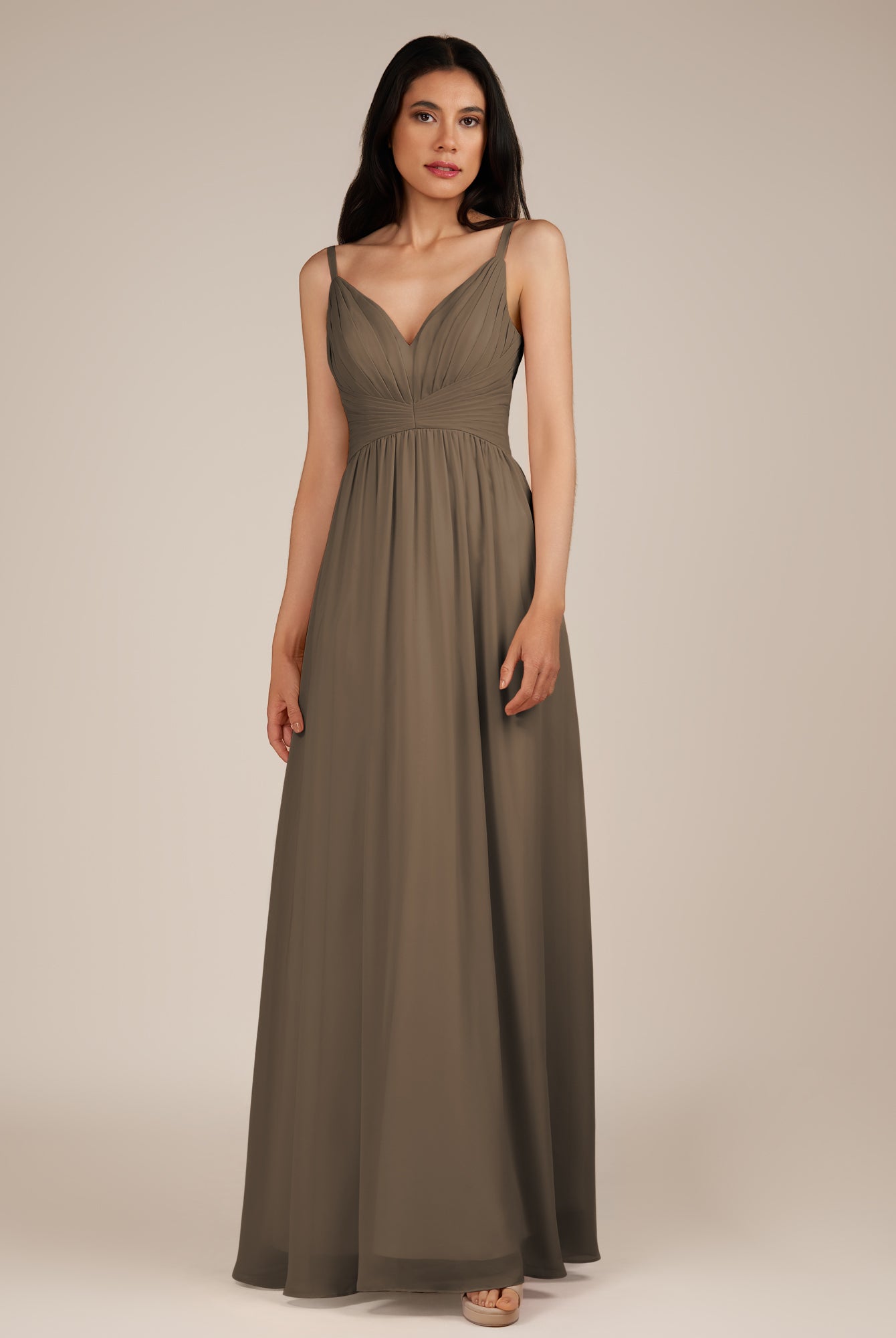 KissDress-Ophelia Willow Green A Line Chiffon V Neck Long Bridesmaid Dress with Pleats