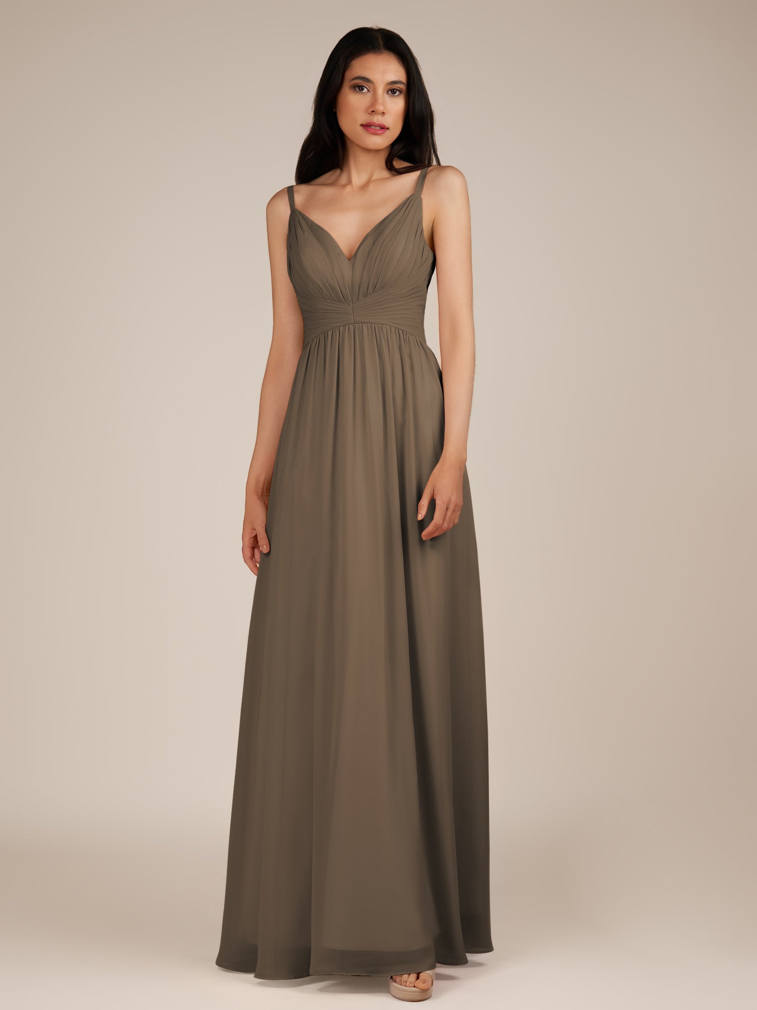 KissDress-Ophelia Willow Green A Line Chiffon V Neck Long Bridesmaid Dress with Pleats