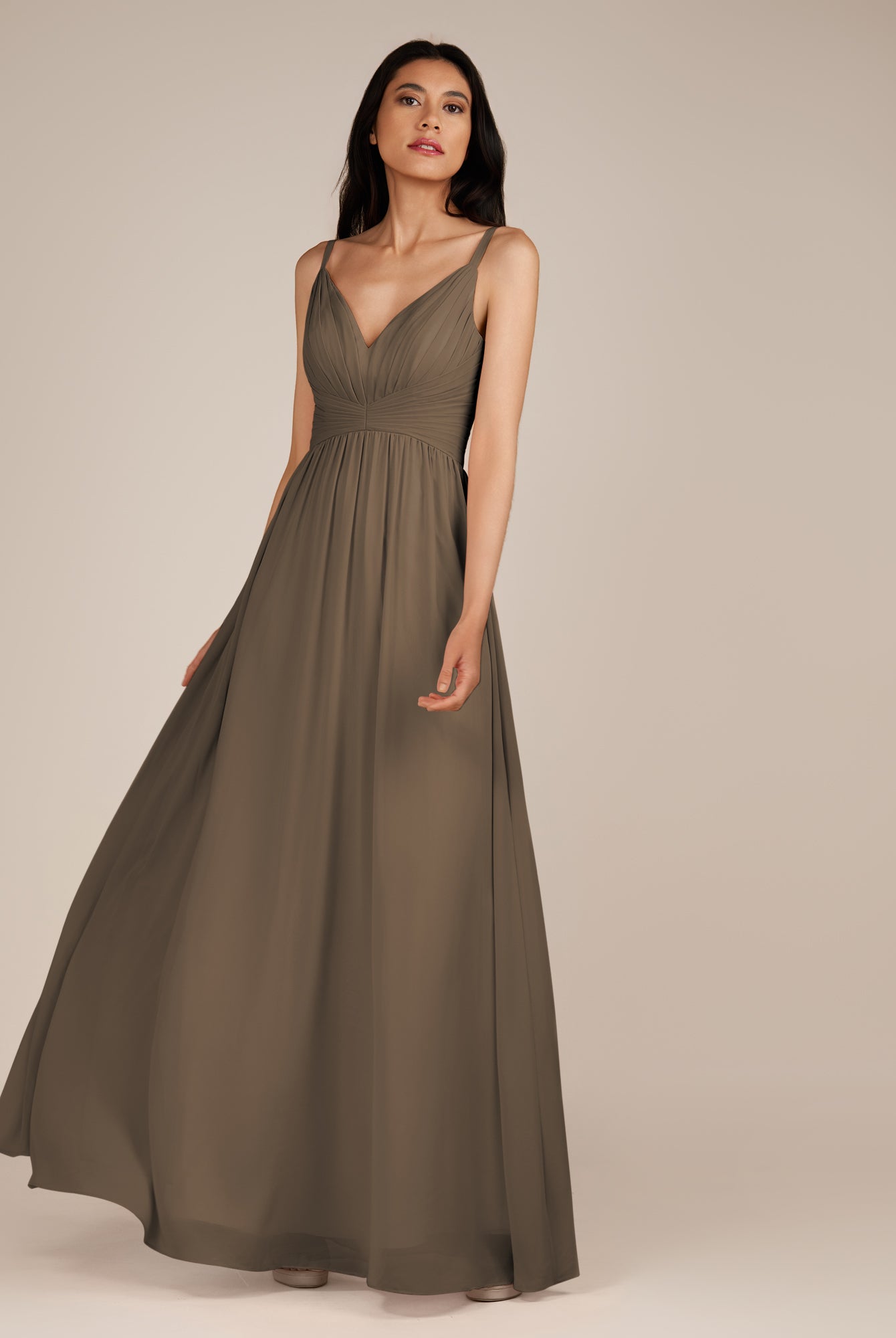 KissDress-Ophelia Willow Green A Line Chiffon V Neck Long Bridesmaid Dress with Pleats