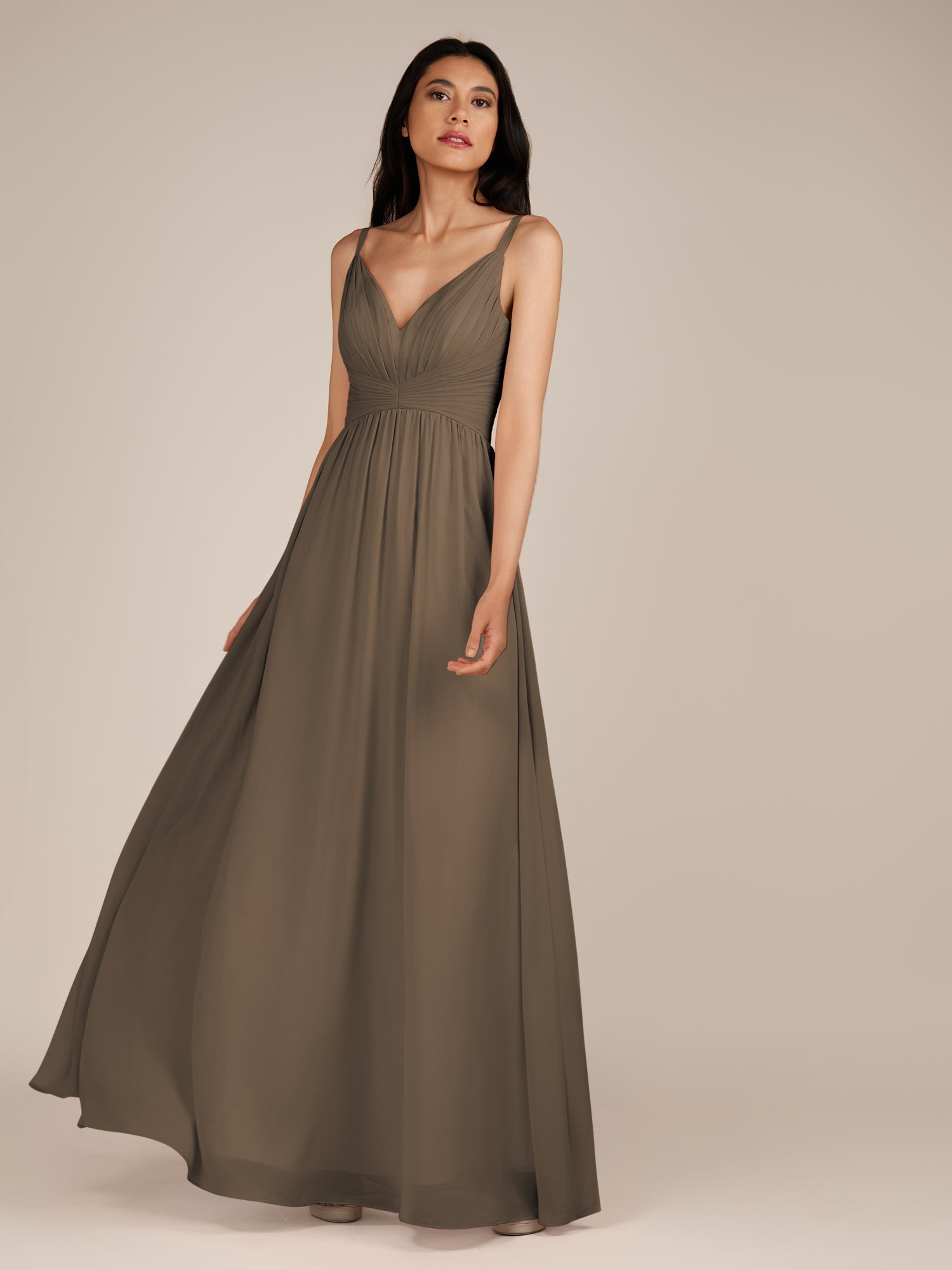 KissDress-Ophelia Willow Green A Line Chiffon V Neck Long Bridesmaid Dress with Pleats