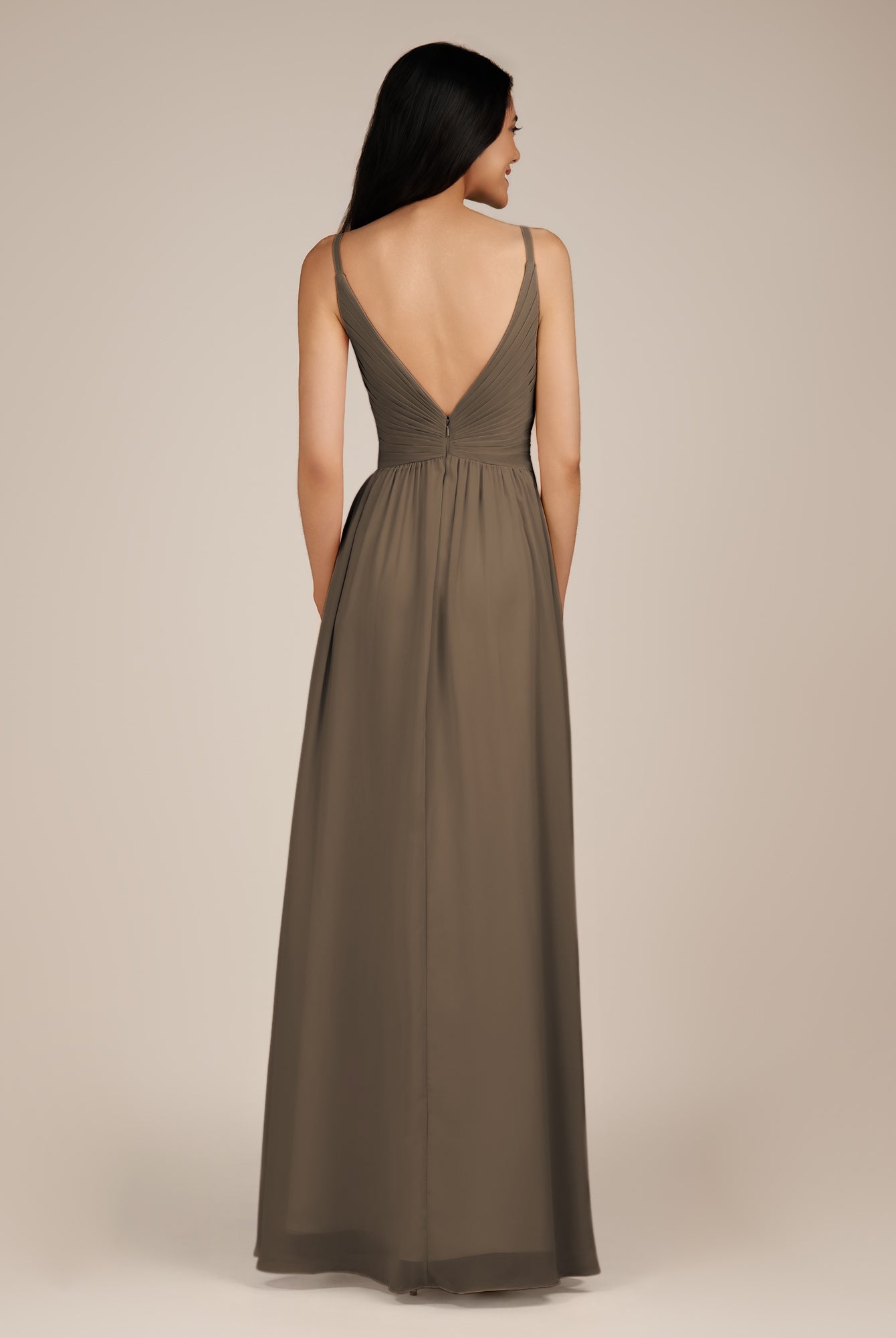KissDress-Ophelia Willow Green A Line Chiffon V Neck Long Bridesmaid Dress with Pleats