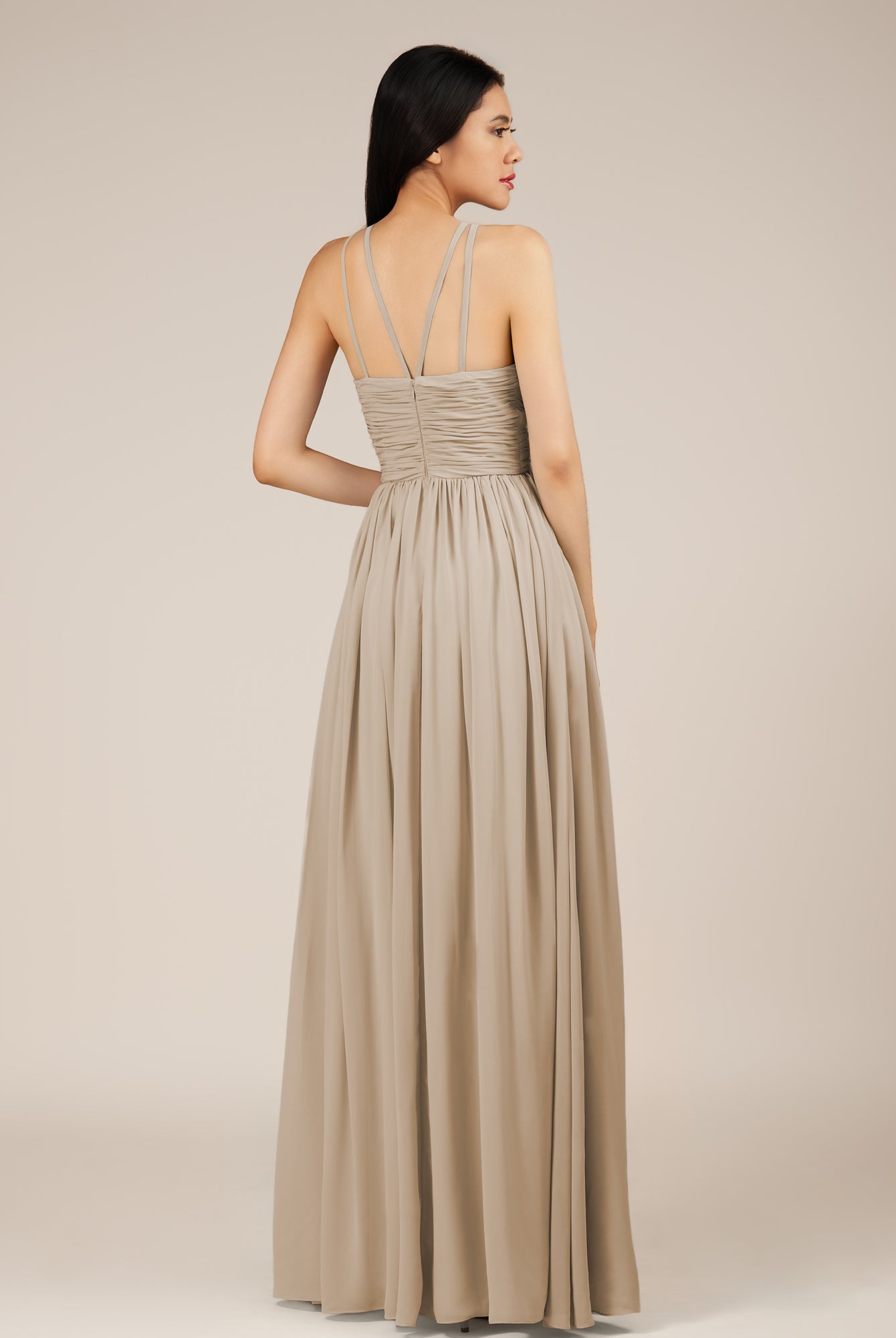 KissDress-Orinthia Almond A Line Halter Neck Chiffon Long Bridesmaid Dress with Pleats