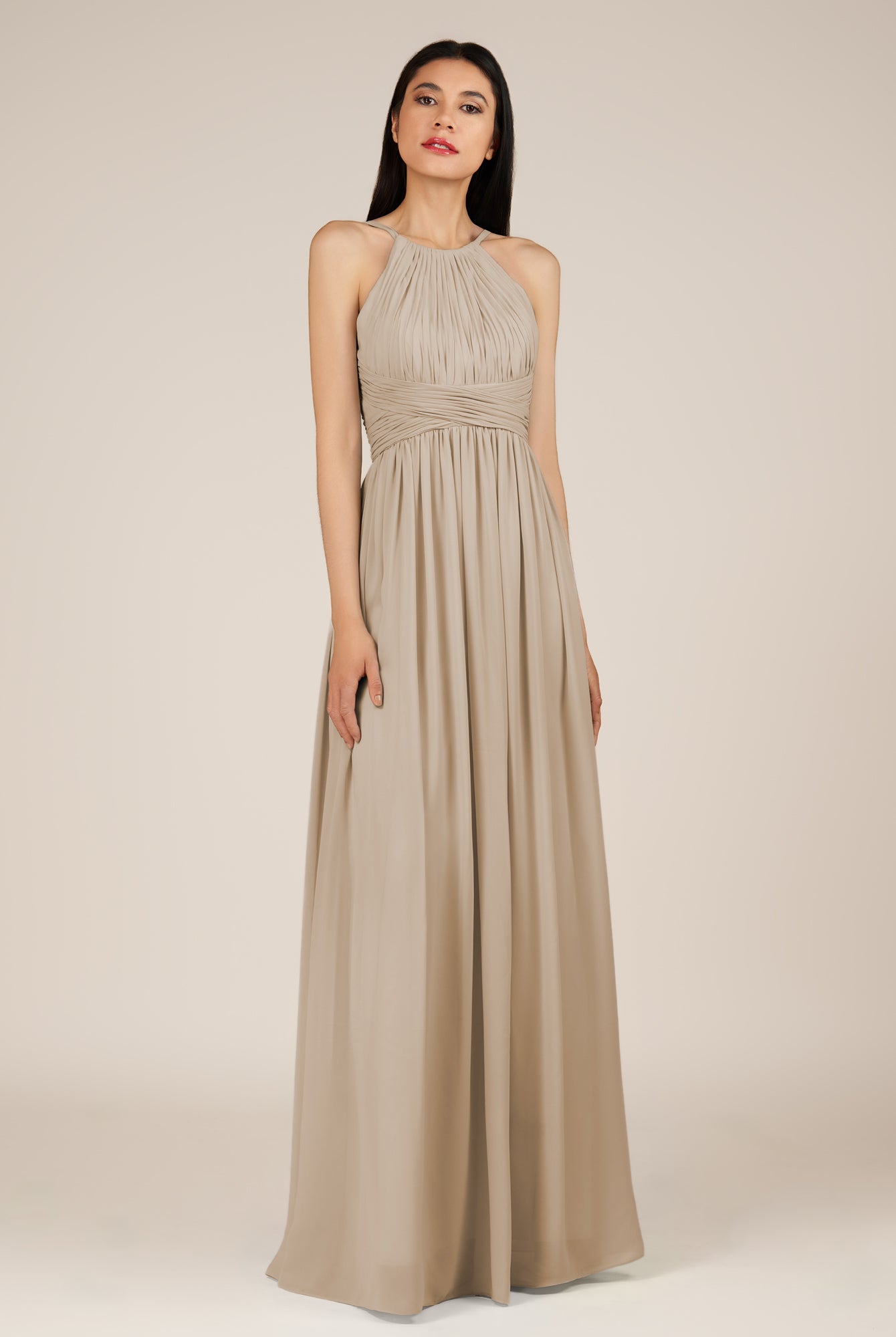 KissDress-Orinthia Almond A Line Halter Neck Chiffon Long Bridesmaid Dress with Pleats