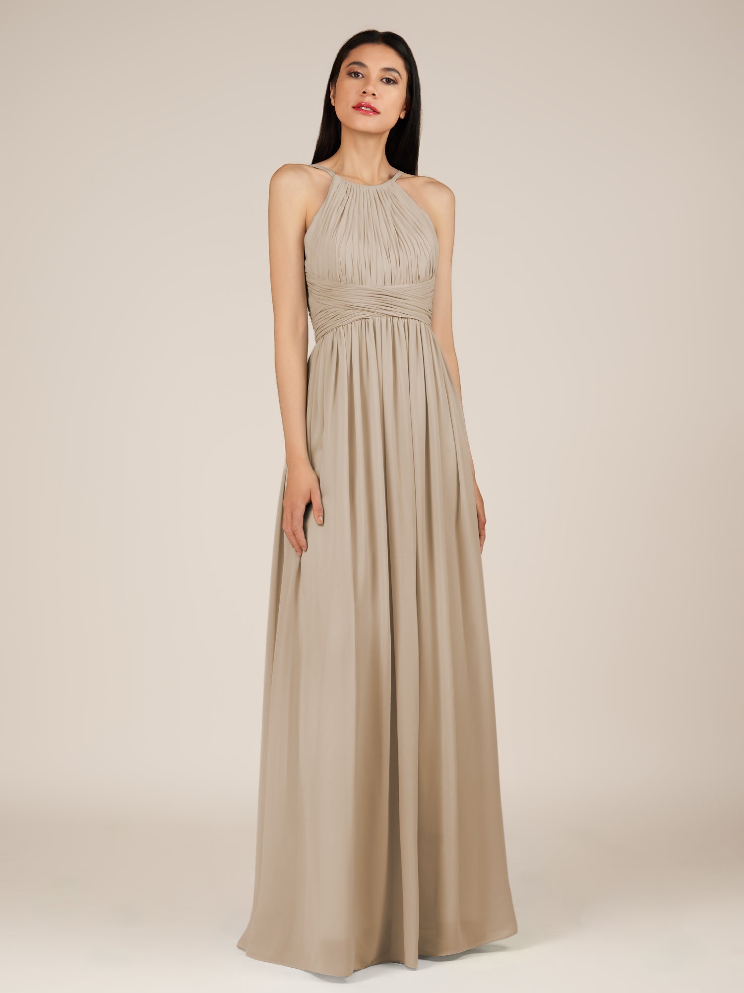 KissDress-Orinthia Almond A Line Halter Neck Chiffon Long Bridesmaid Dress with Pleats