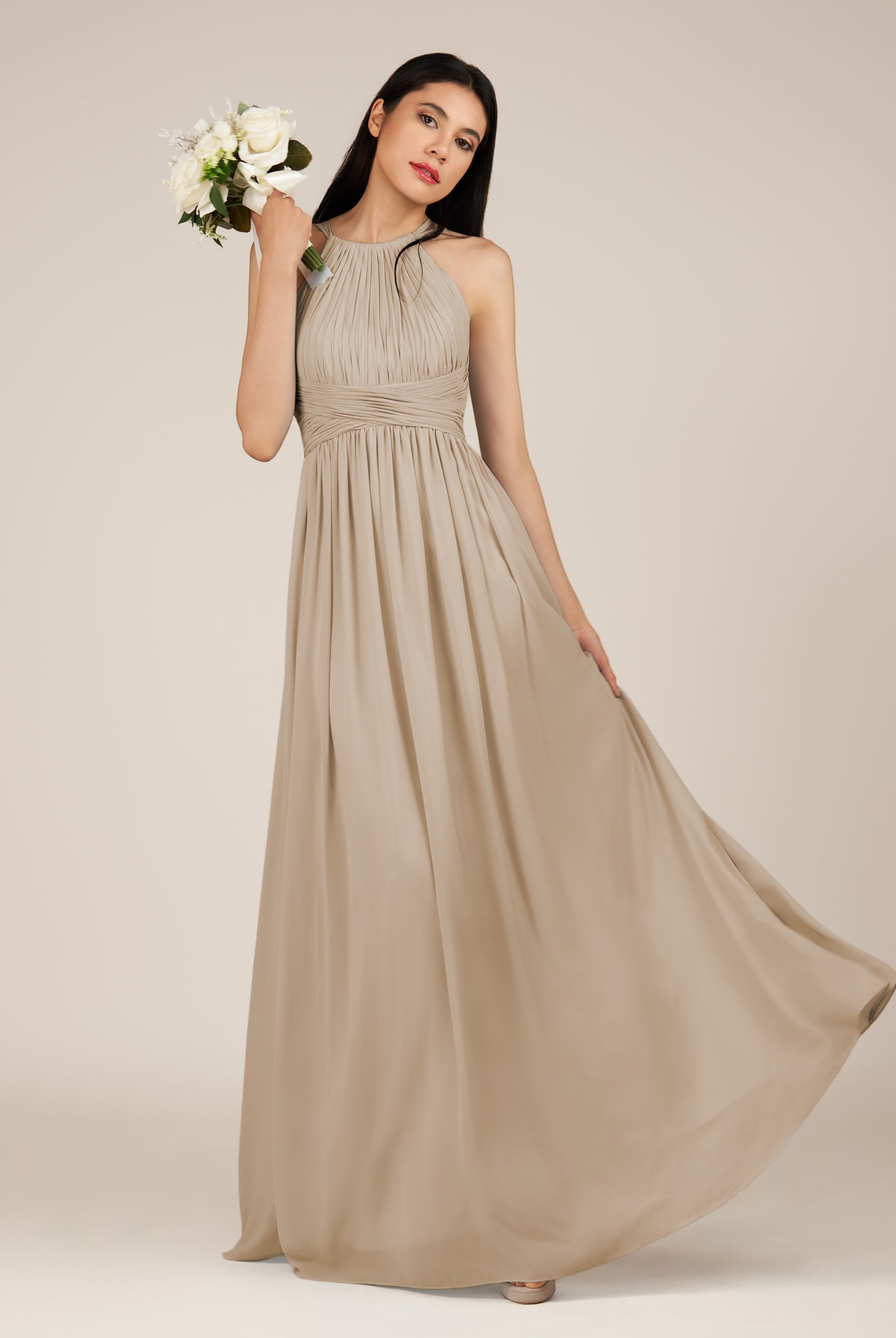 KissDress-Orinthia Almond A Line Halter Neck Chiffon Long Bridesmaid Dress with Pleats