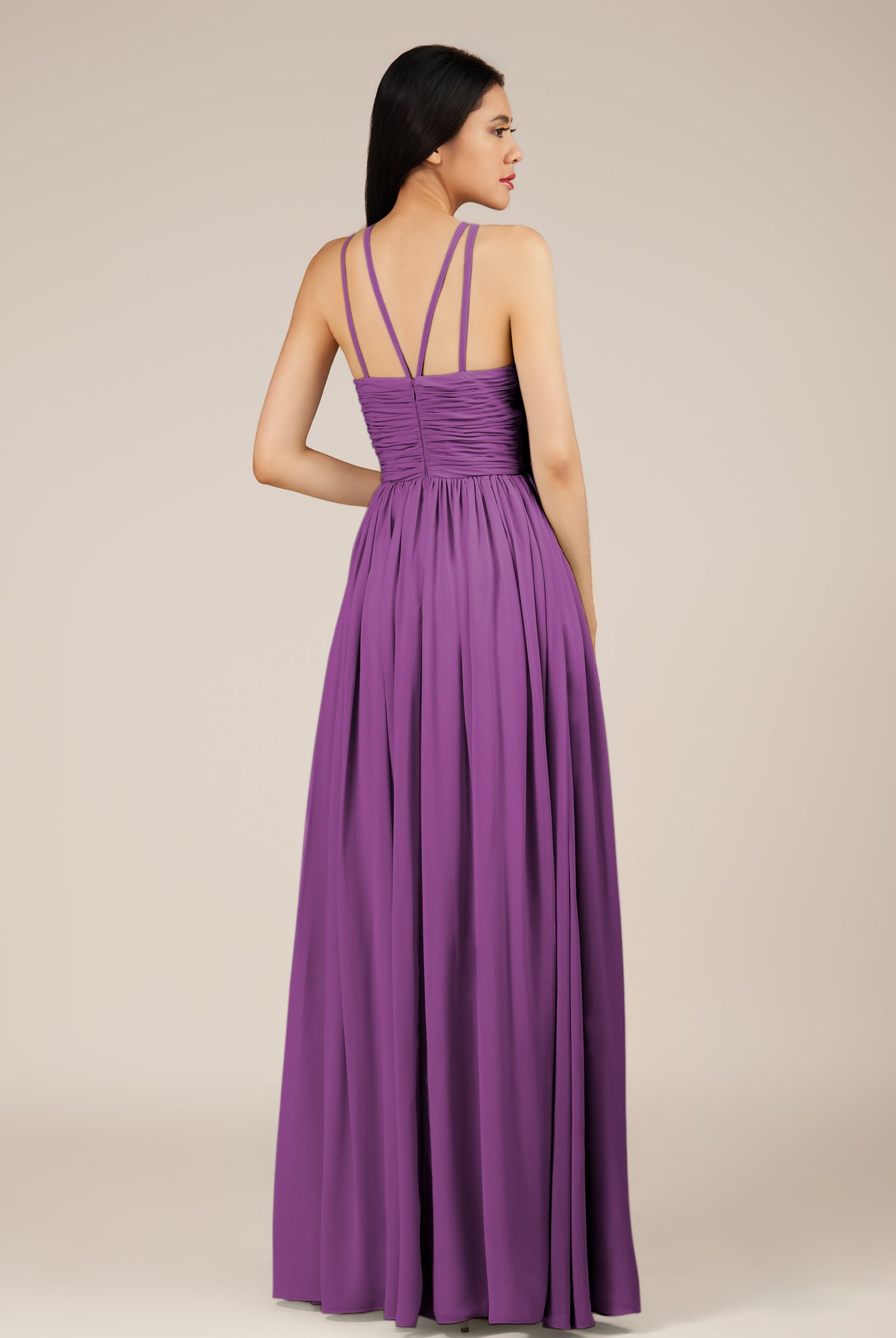 KissDress-Orinthia Amethyst A Line Halter Neck Chiffon Long Bridesmaid Dress with Pleats