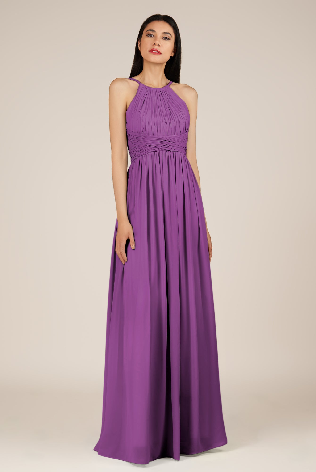 KissDress-Orinthia Amethyst A Line Halter Neck Chiffon Long Bridesmaid Dress with Pleats