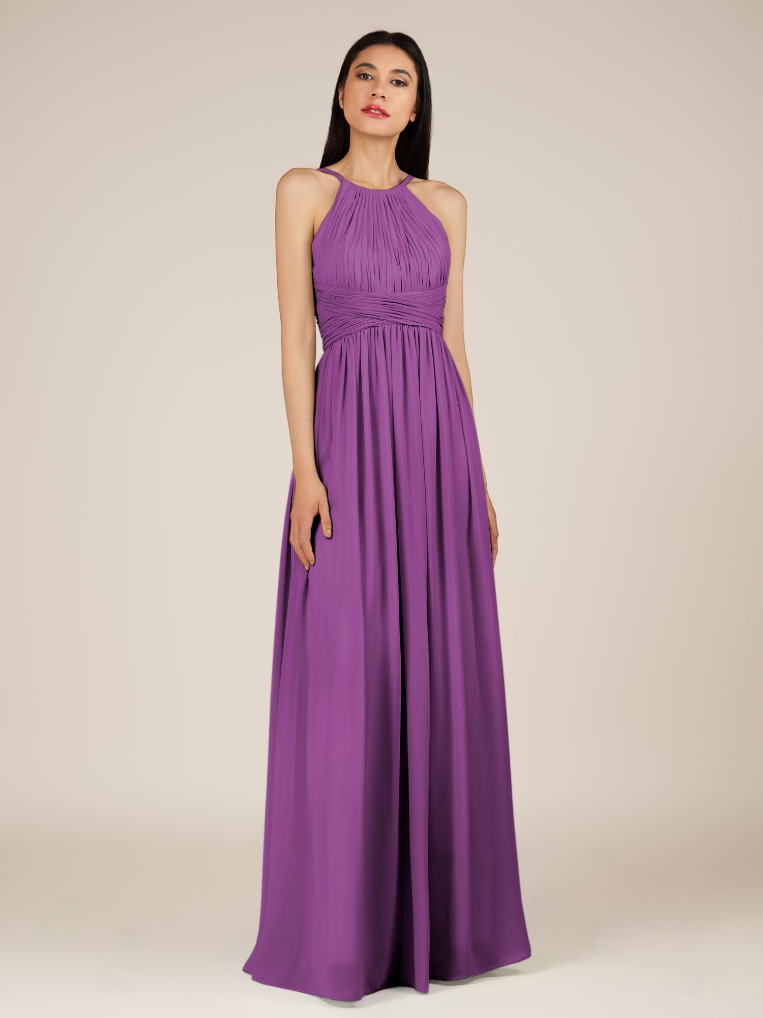 KissDress-Orinthia Amethyst A Line Halter Neck Chiffon Long Bridesmaid Dress with Pleats