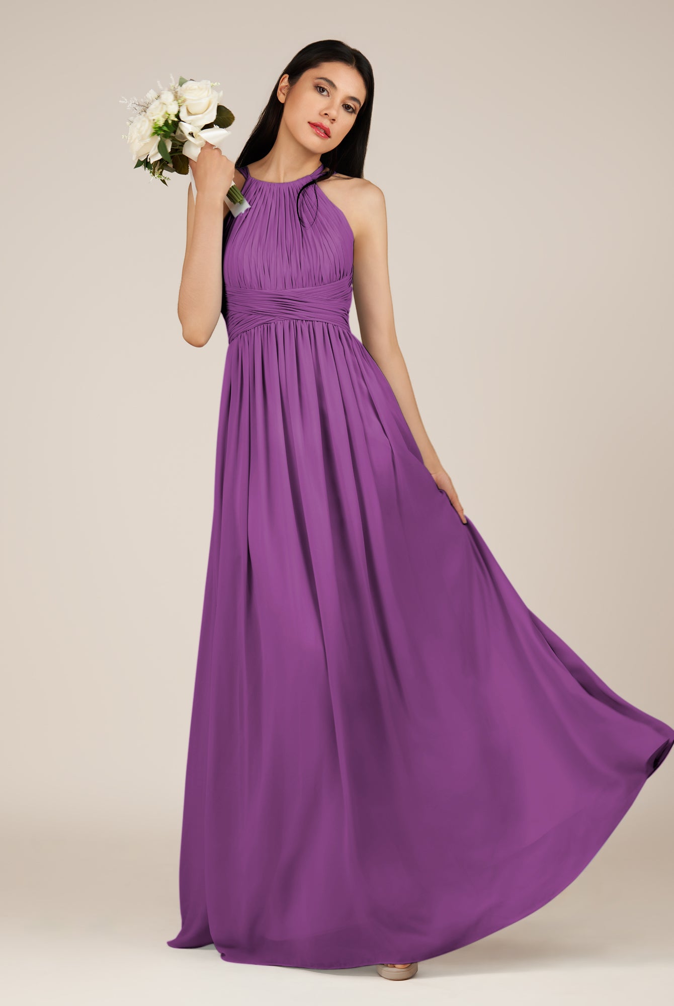 KissDress-Orinthia Amethyst A Line Halter Neck Chiffon Long Bridesmaid Dress with Pleats