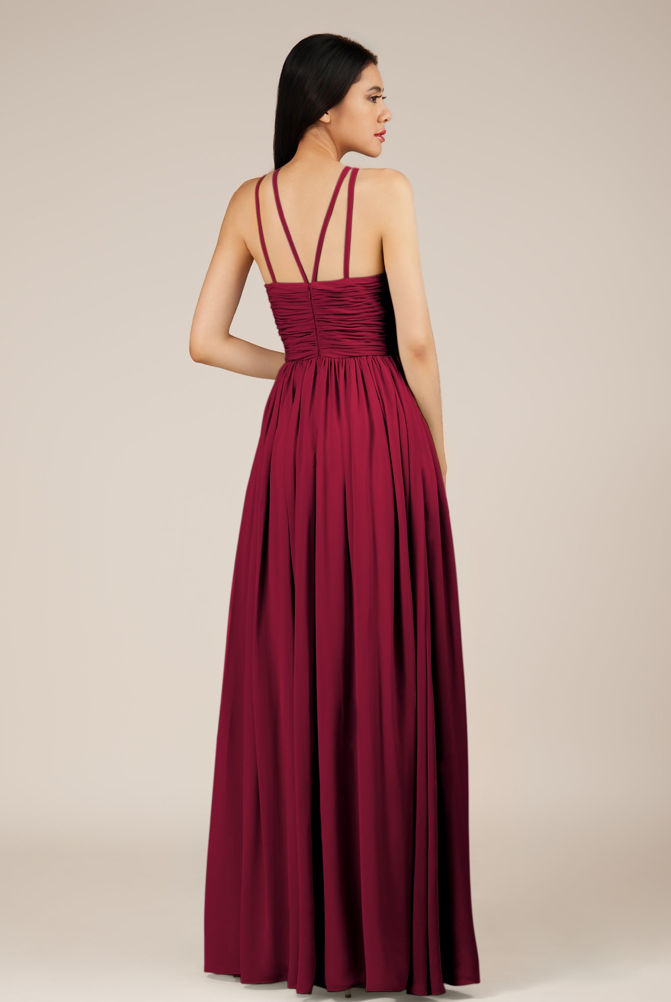 KissDress-Orinthia Berry A Line Halter Neck Chiffon Long Bridesmaid Dress with Pleats