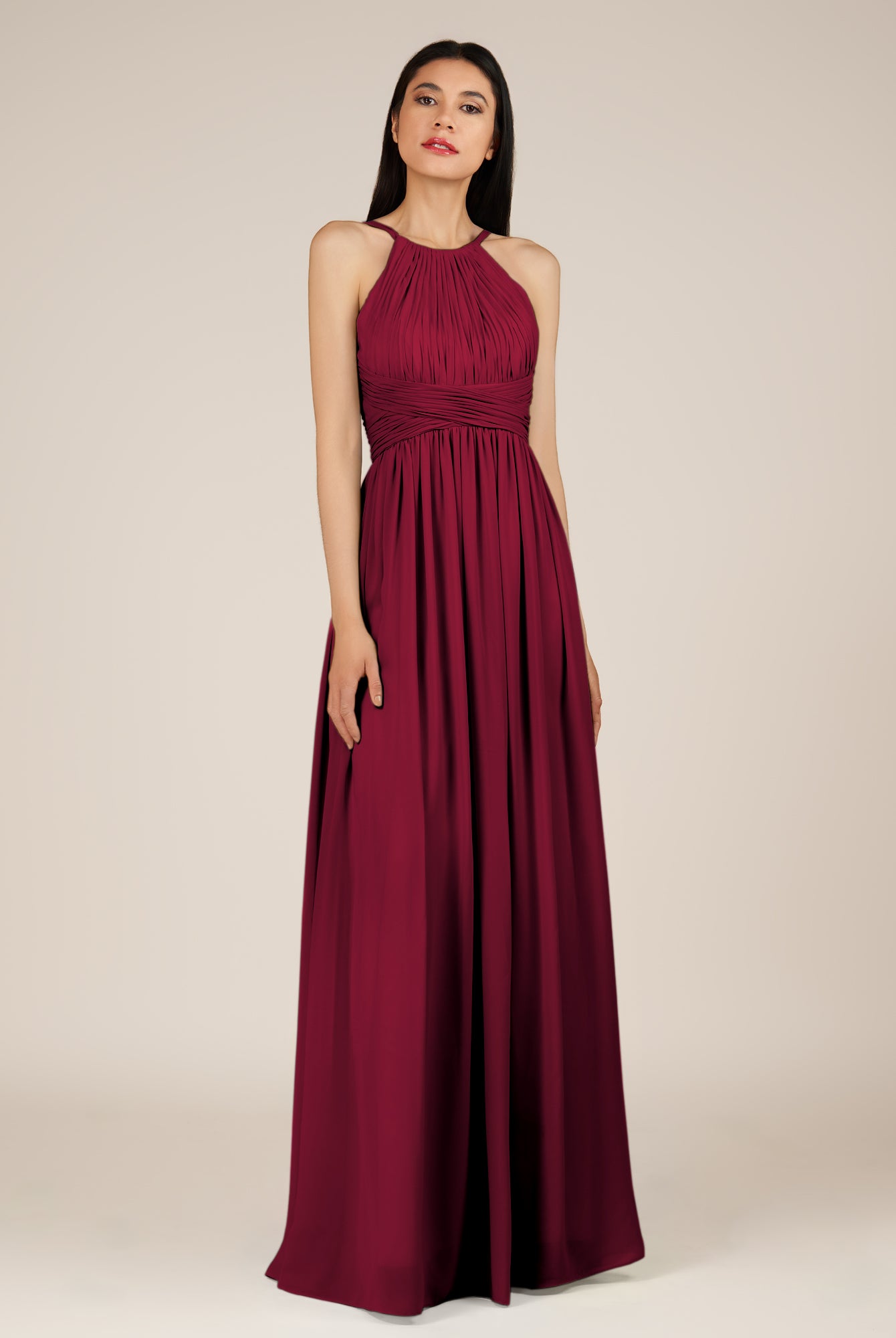 KissDress-Orinthia Berry A Line Halter Neck Chiffon Long Bridesmaid Dress with Pleats