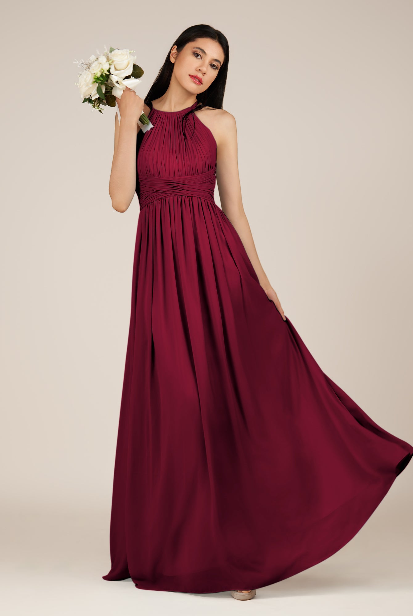 KissDress-Orinthia Berry A Line Halter Neck Chiffon Long Bridesmaid Dress with Pleats