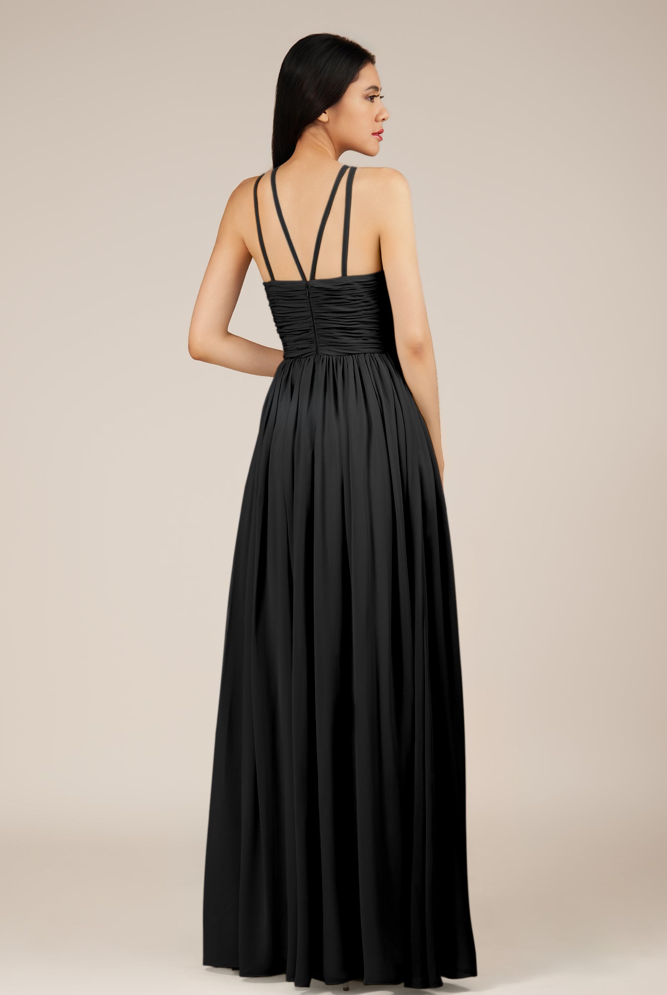 KissDress-Orinthia Black A Line Halter Neck Chiffon Long Bridesmaid Dress with Pleats