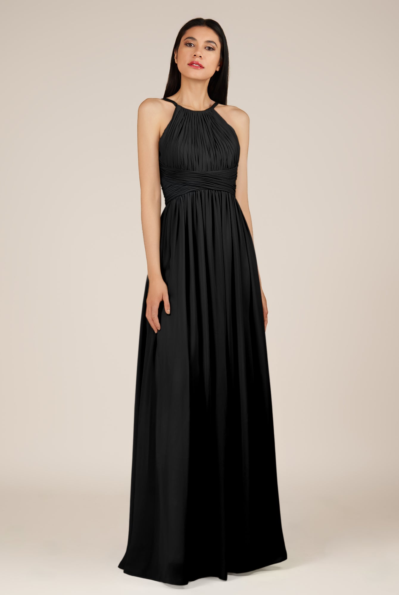 KissDress-Orinthia Black A Line Halter Neck Chiffon Long Bridesmaid Dress with Pleats