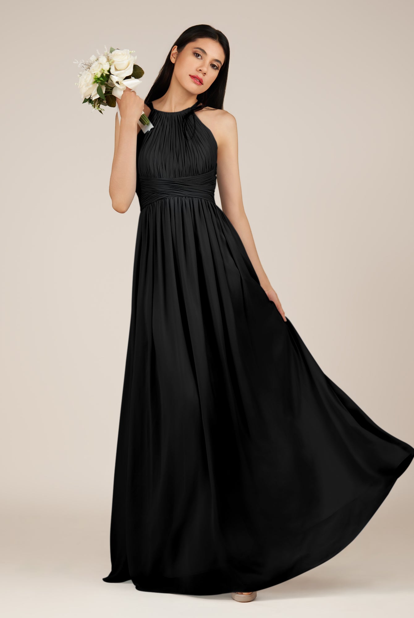 KissDress-Orinthia Black A Line Halter Neck Chiffon Long Bridesmaid Dress with Pleats