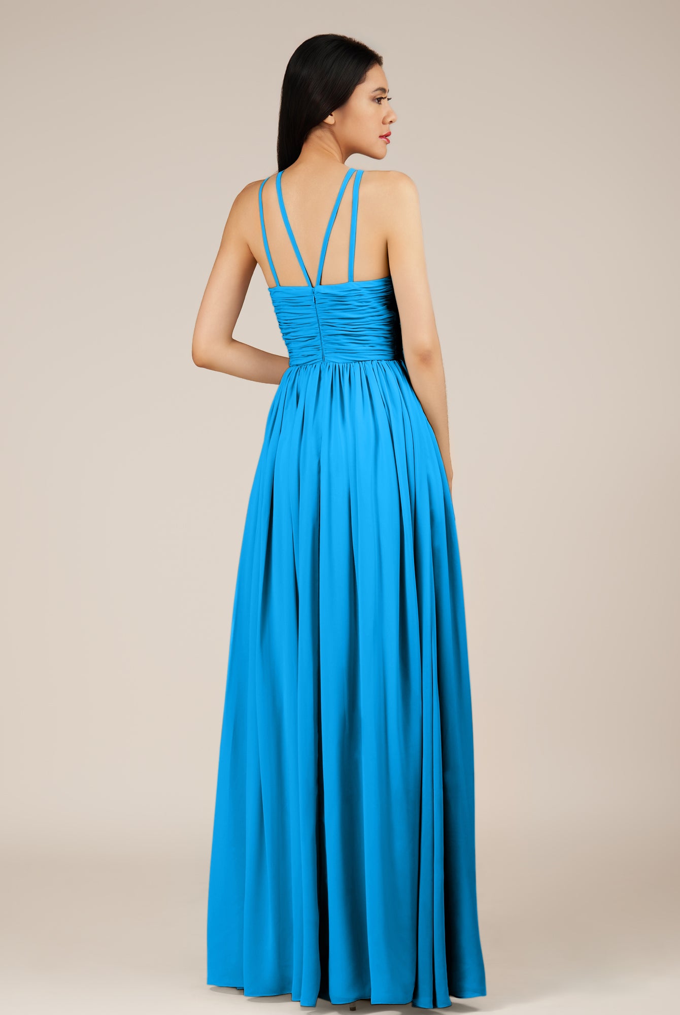 KissDress-Orinthia Blue Jay A Line Halter Neck Chiffon Long Bridesmaid Dress with Pleats