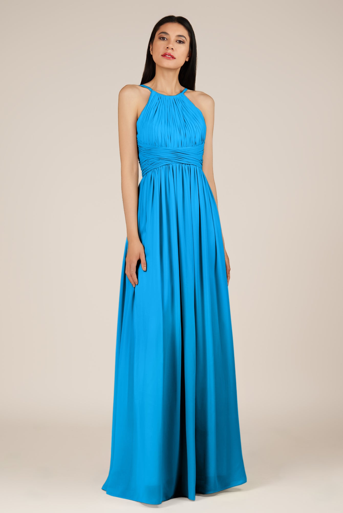 KissDress-Orinthia Blue Jay A Line Halter Neck Chiffon Long Bridesmaid Dress with Pleats
