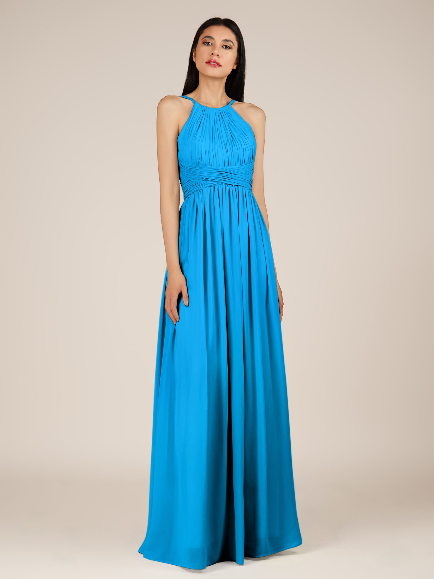 KissDress-Orinthia Blue Jay A Line Halter Neck Chiffon Long Bridesmaid Dress with Pleats