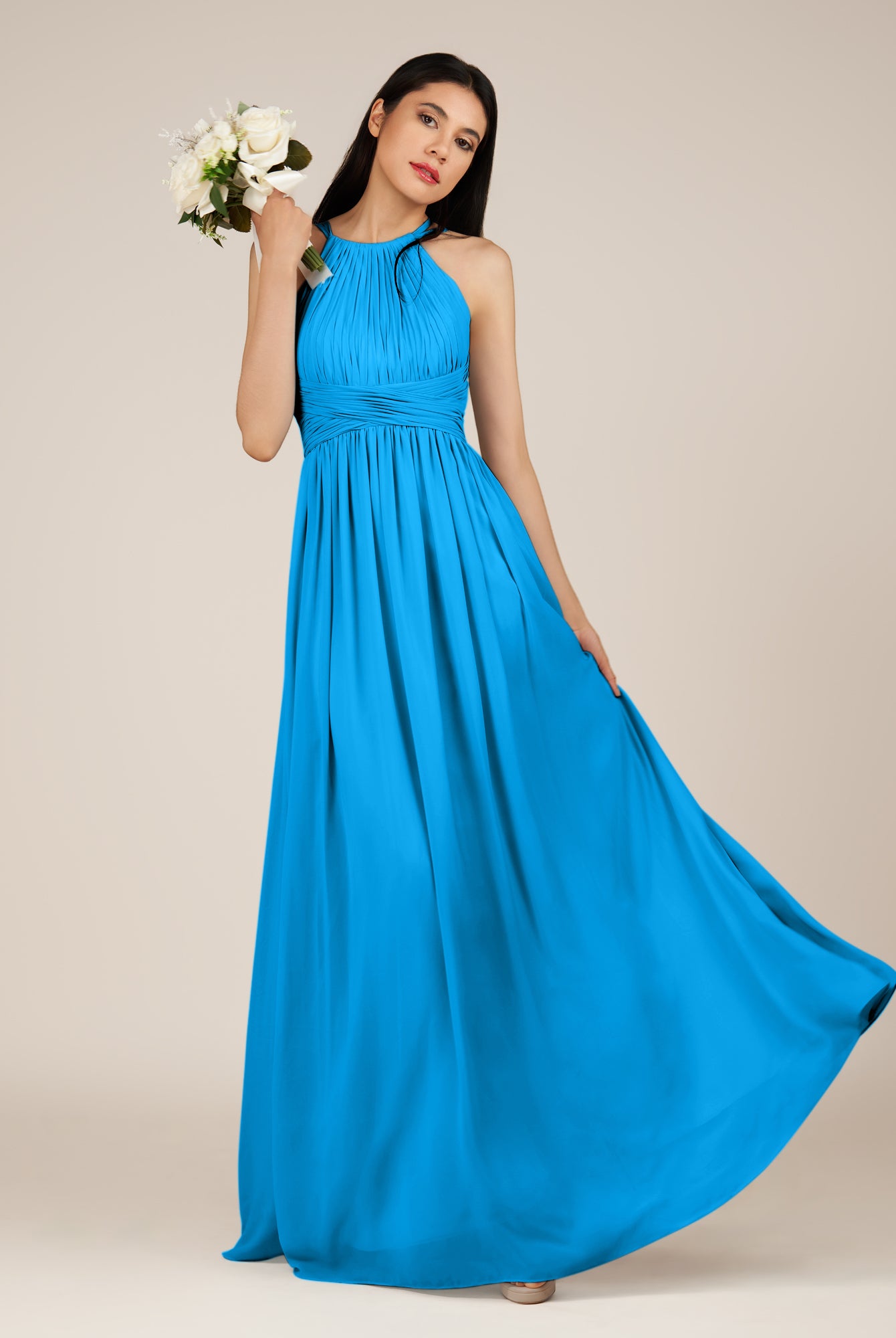 KissDress-Orinthia Blue Jay A Line Halter Neck Chiffon Long Bridesmaid Dress with Pleats