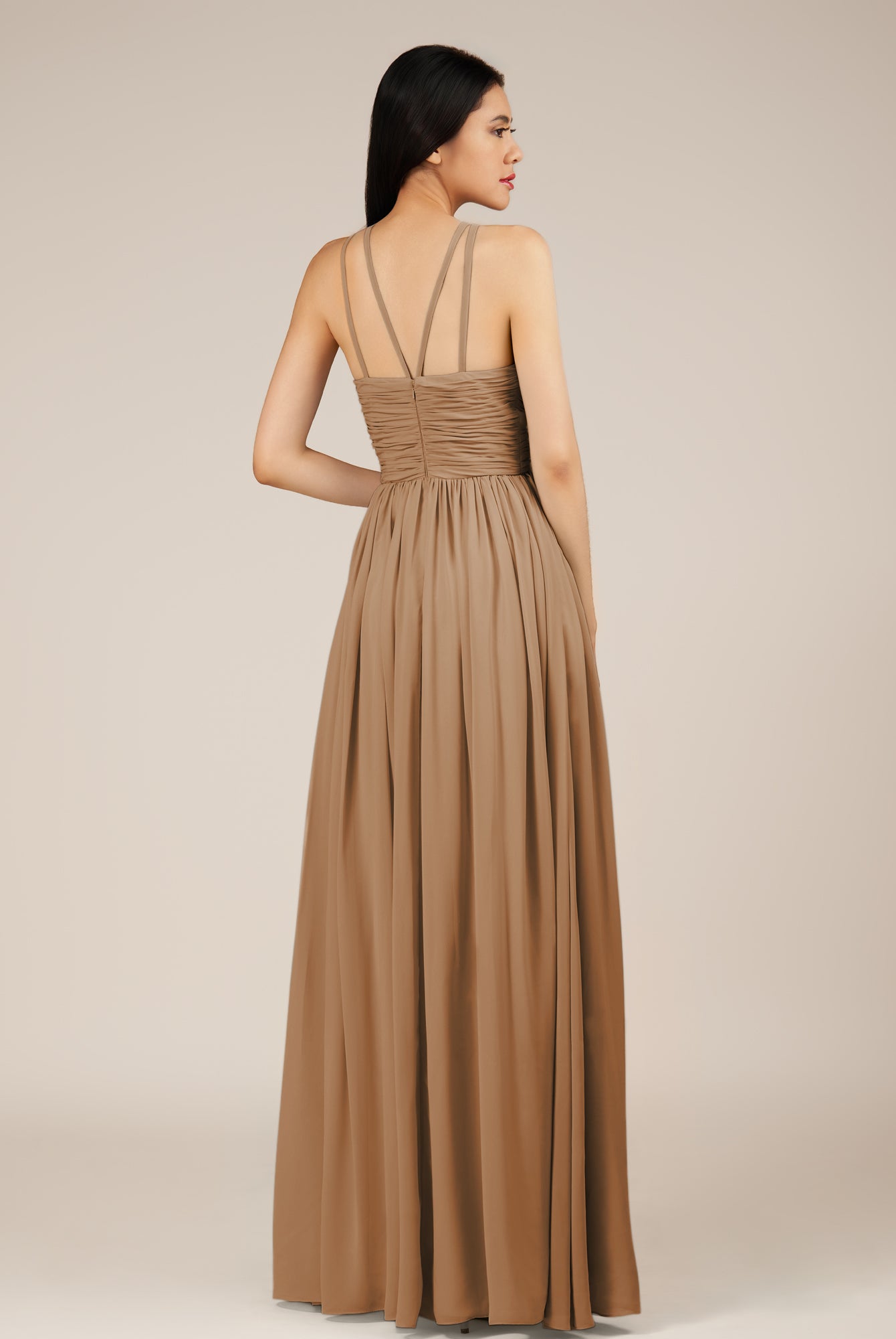 KissDress-Orinthia Bronzer A Line Halter Neck Chiffon Long Bridesmaid Dress with Pleats