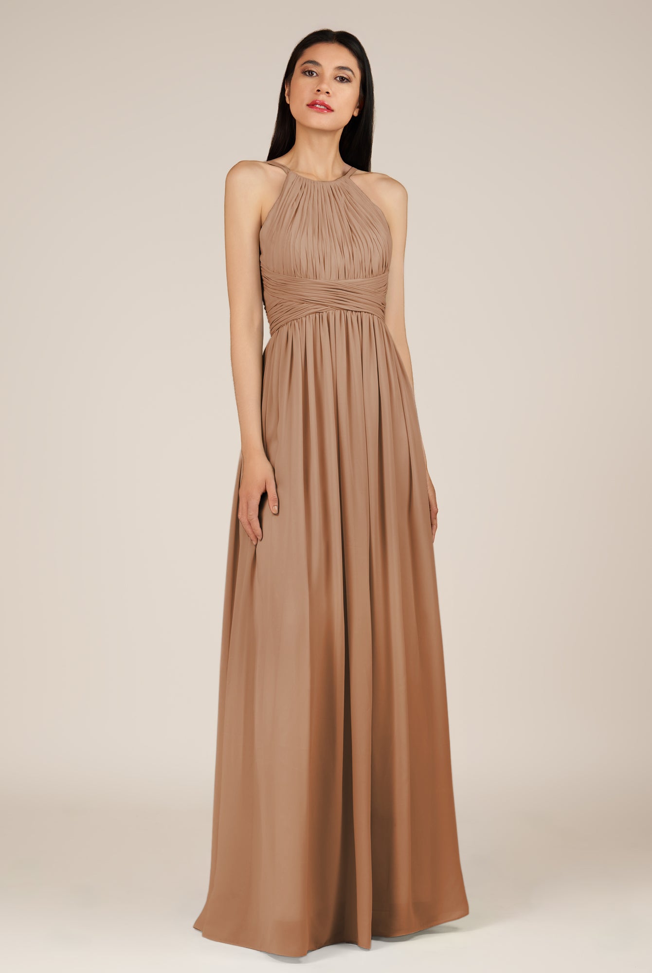KissDress-Orinthia Bronzer A Line Halter Neck Chiffon Long Bridesmaid Dress with Pleats