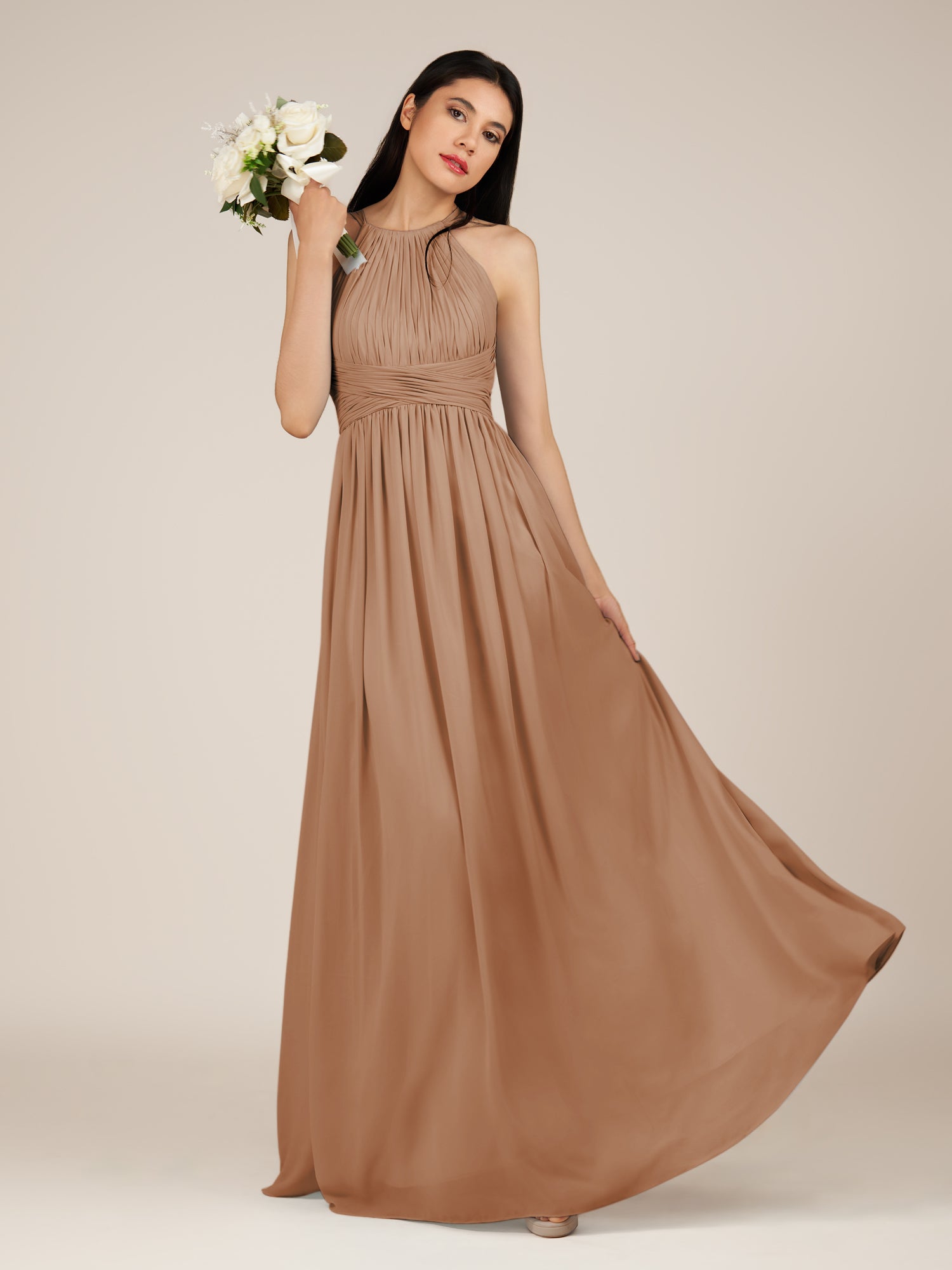 KissDress-Orinthia Bronzer A Line Halter Neck Chiffon Long Bridesmaid Dress with Pleats