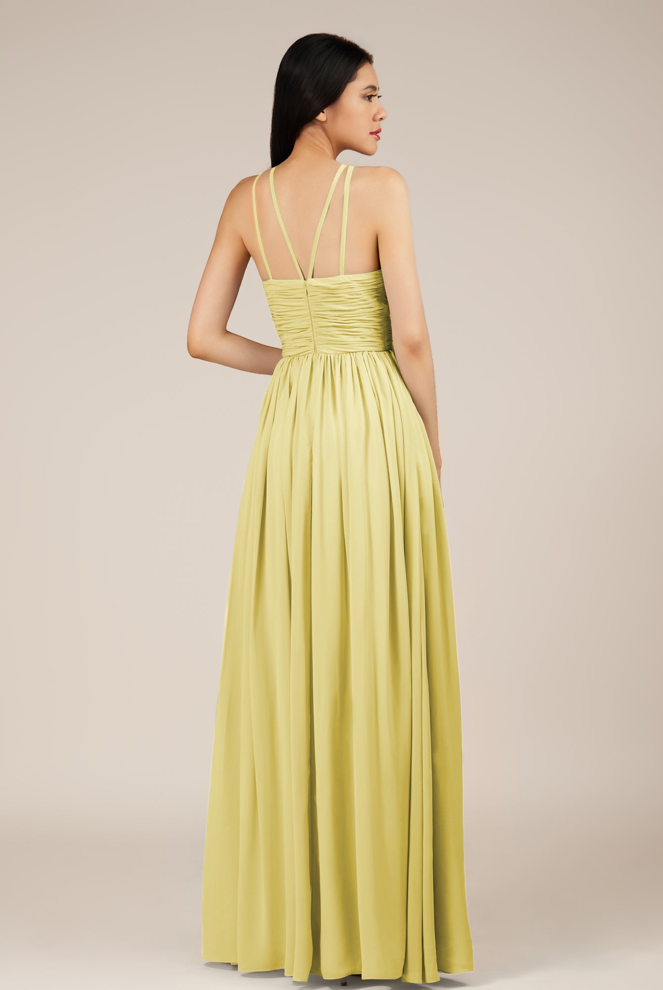 KissDress-Orinthia Buttercup A Line Halter Neck Chiffon Long Bridesmaid Dress with Pleats