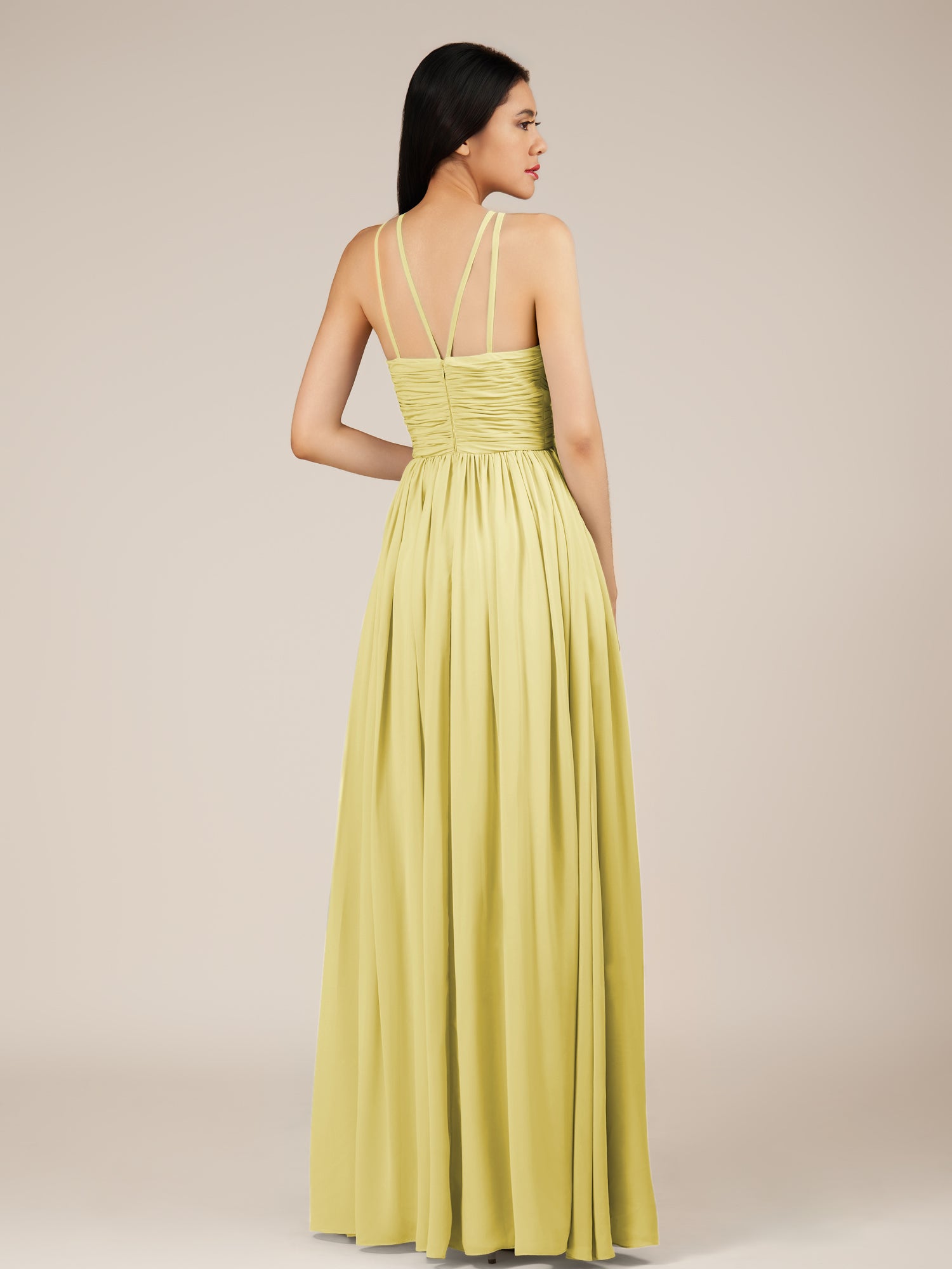 KissDress-Orinthia Buttercup A Line Halter Neck Chiffon Long Bridesmaid Dress with Pleats